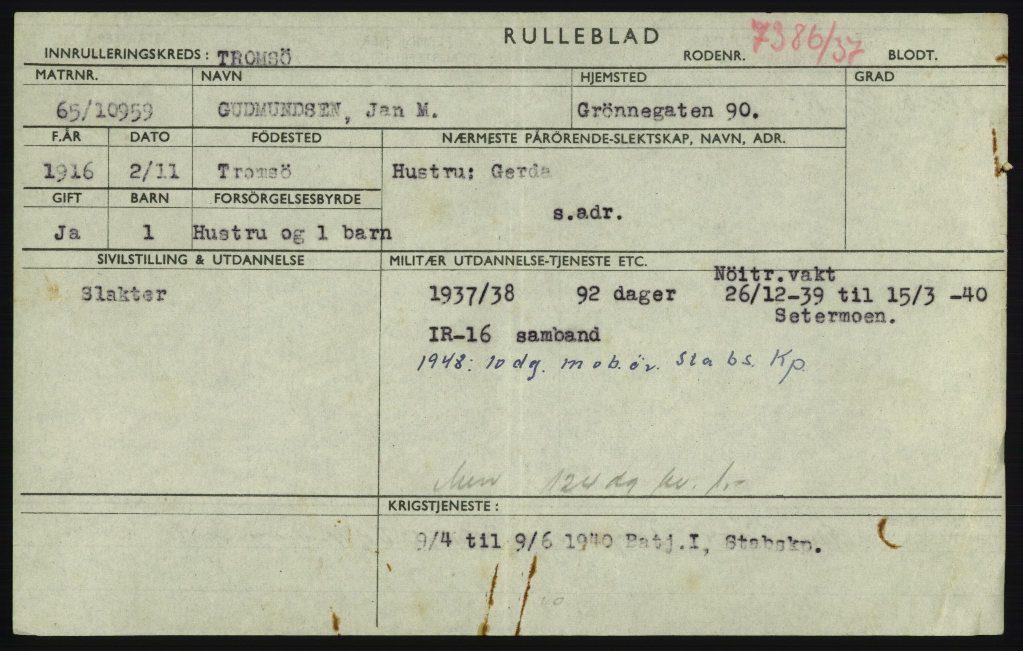 Forsvaret, Troms infanteriregiment nr. 16, AV/RA-RAFA-3146/P/Pa/L0021: Rulleblad for regimentets menige mannskaper, årsklasse 1937, 1937, p. 217