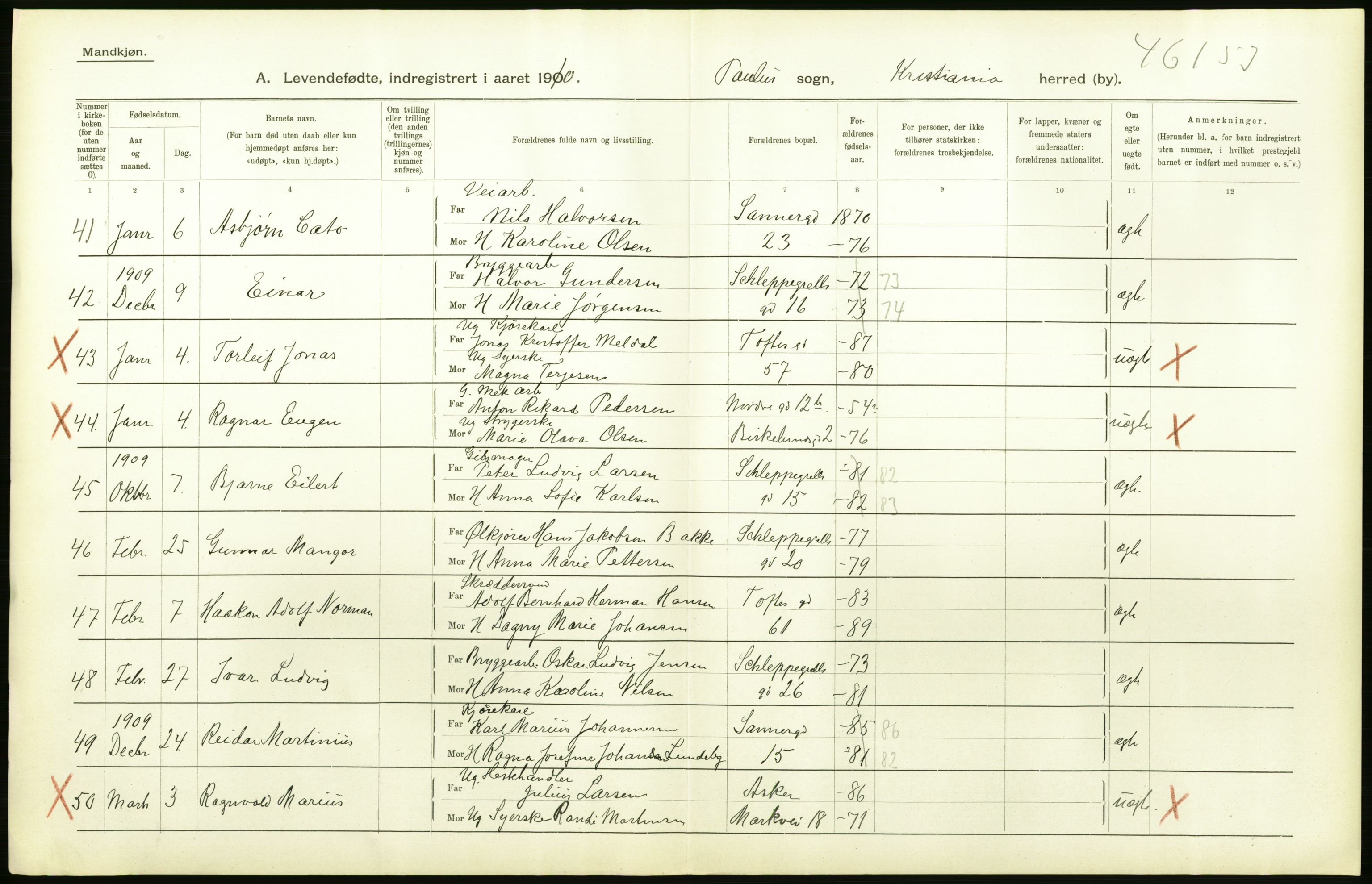 Statistisk sentralbyrå, Sosiodemografiske emner, Befolkning, AV/RA-S-2228/D/Df/Dfa/Dfah/L0006: Kristiania: Levendefødte menn., 1910, p. 296