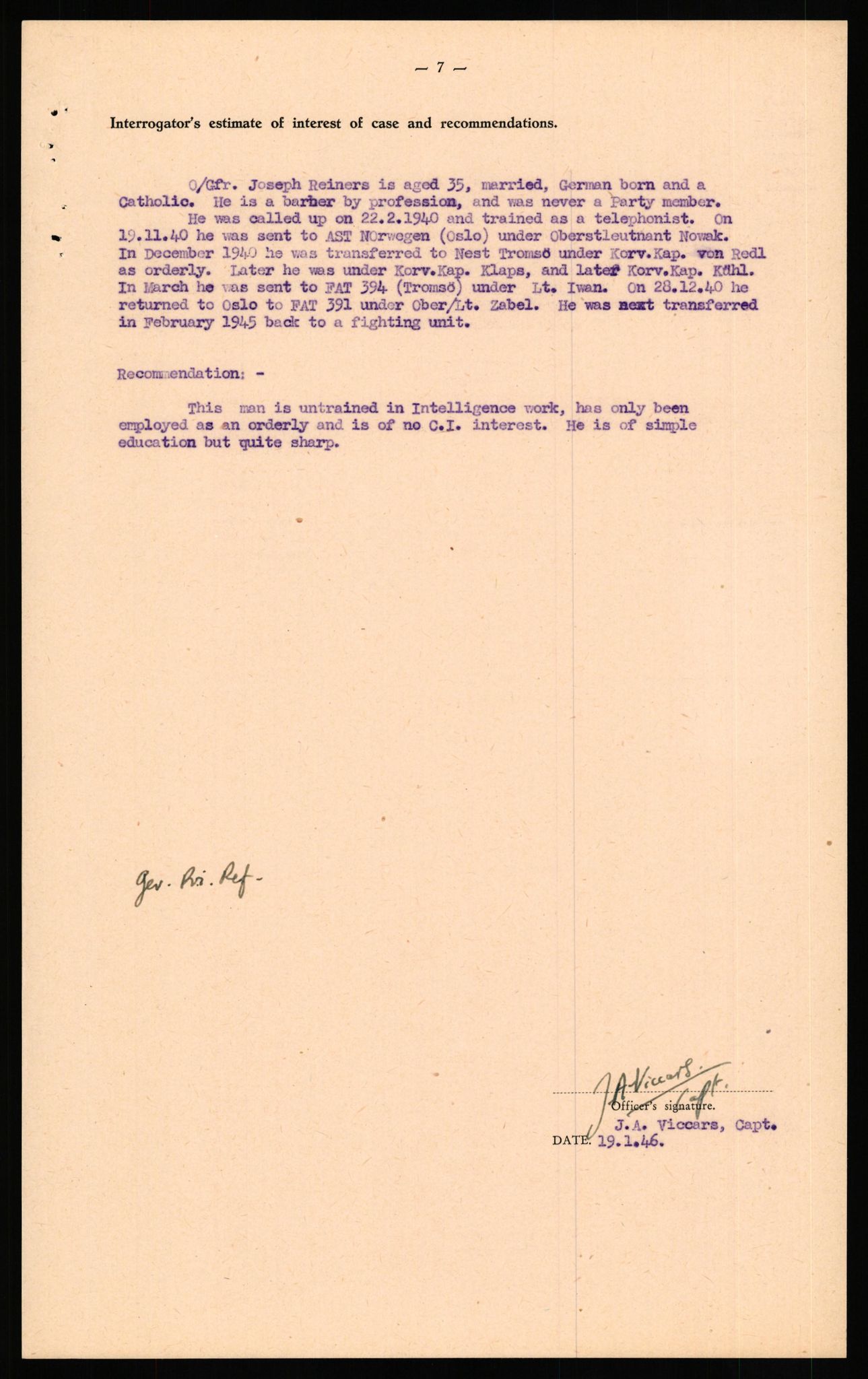 Forsvaret, Forsvarets overkommando II, RA/RAFA-3915/D/Db/L0027: CI Questionaires. Tyske okkupasjonsstyrker i Norge. Tyskere., 1945-1946, p. 156