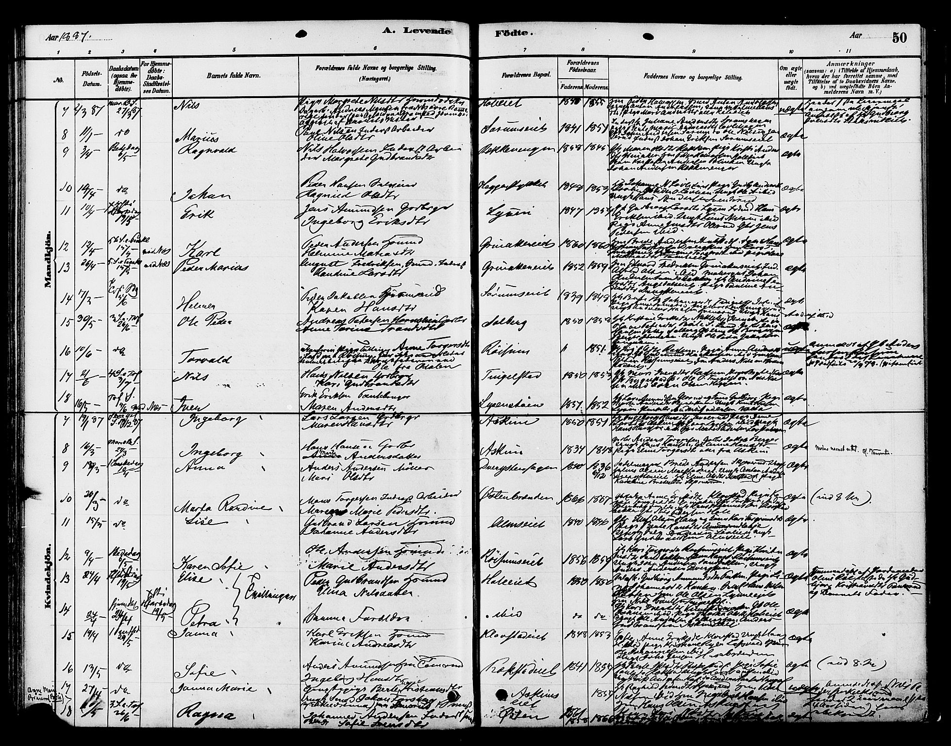 Gran prestekontor, SAH/PREST-112/H/Ha/Haa/L0016: Parish register (official) no. 16, 1880-1888, p. 50