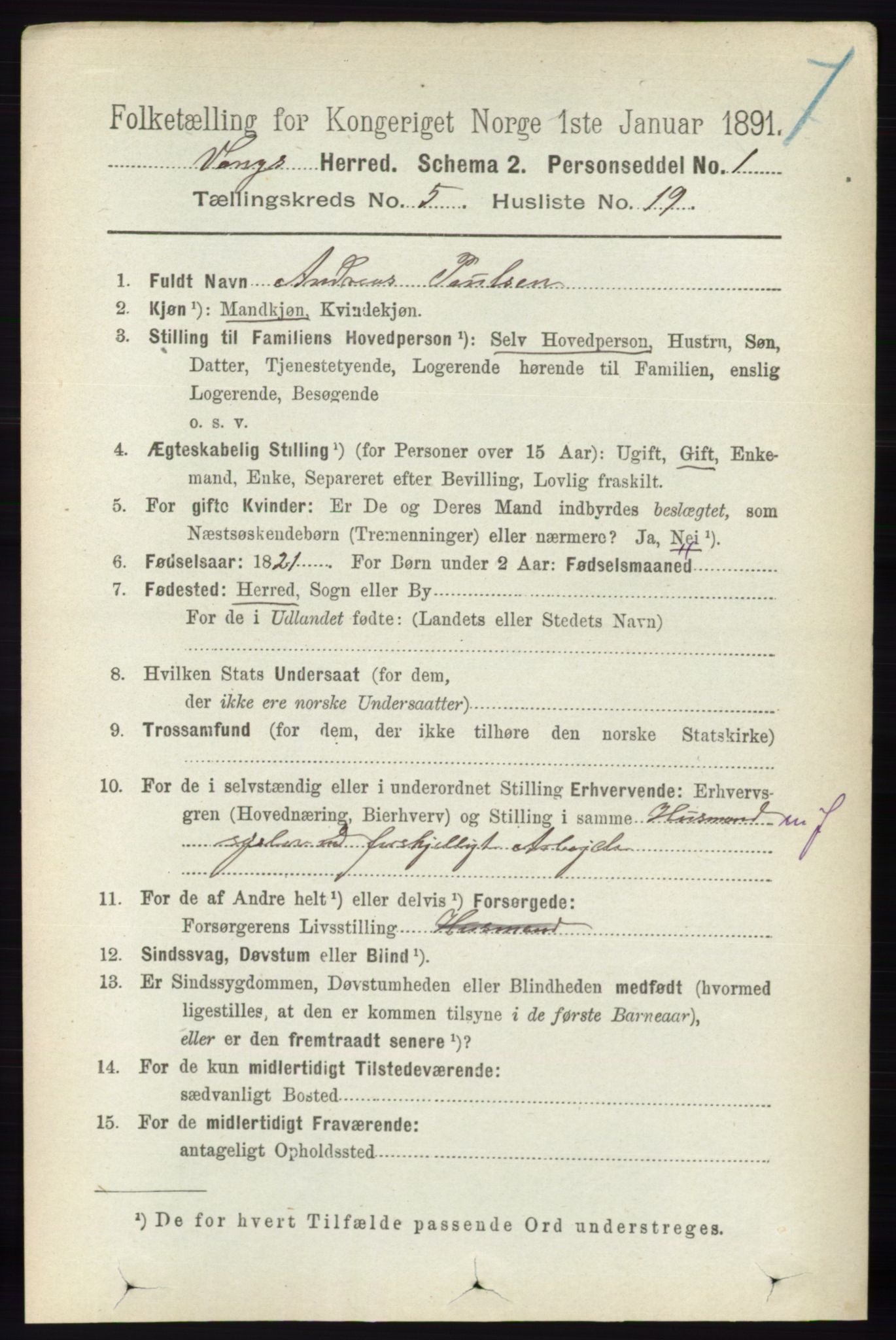 RA, 1891 census for 0414 Vang, 1891, p. 3598