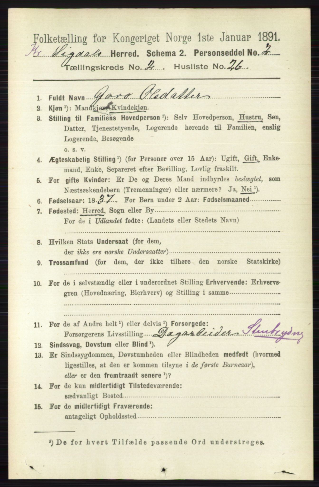 RA, 1891 census for 0621 Sigdal, 1891, p. 5496