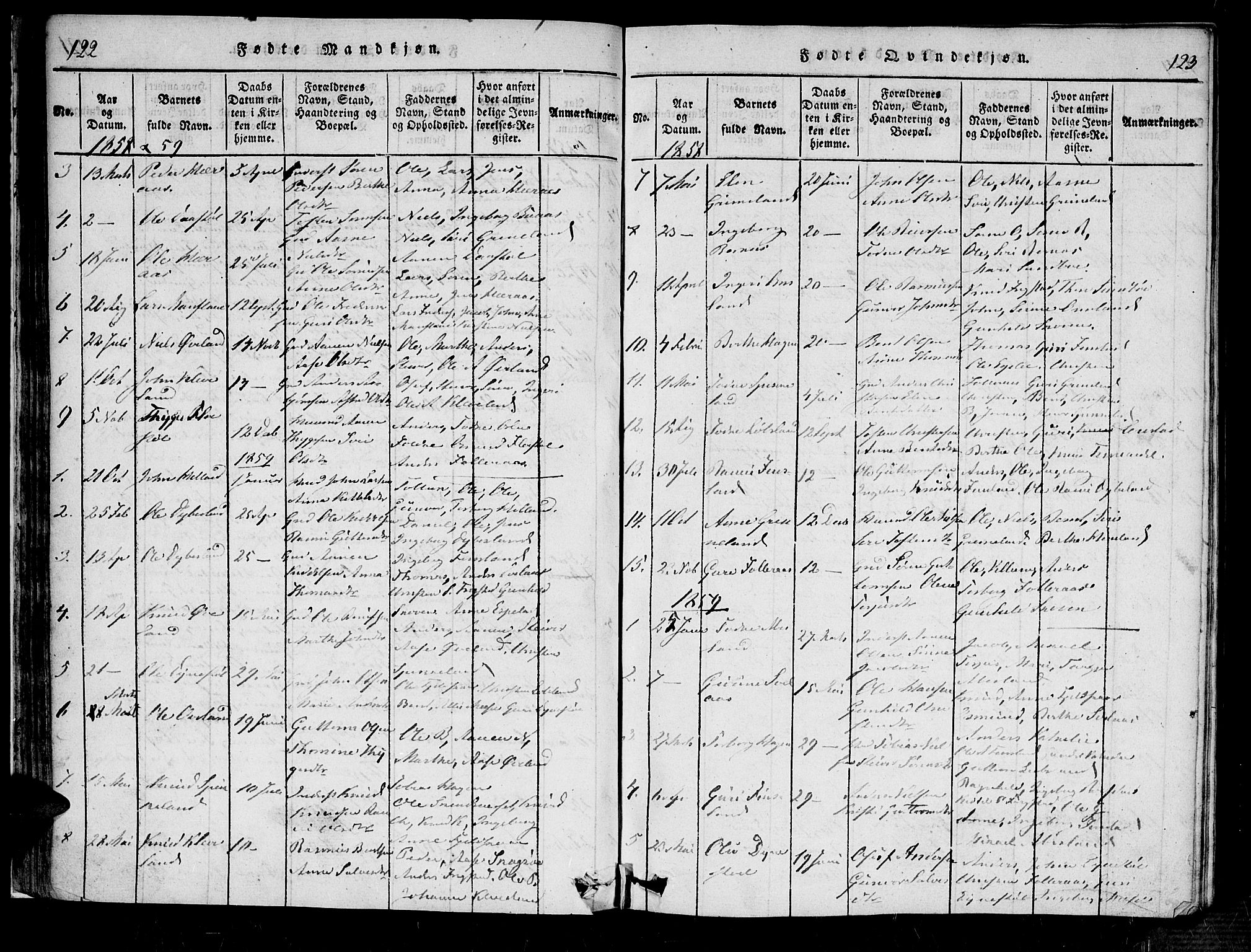 Bjelland sokneprestkontor, SAK/1111-0005/F/Fa/Fab/L0002: Parish register (official) no. A 2, 1816-1869, p. 122-123