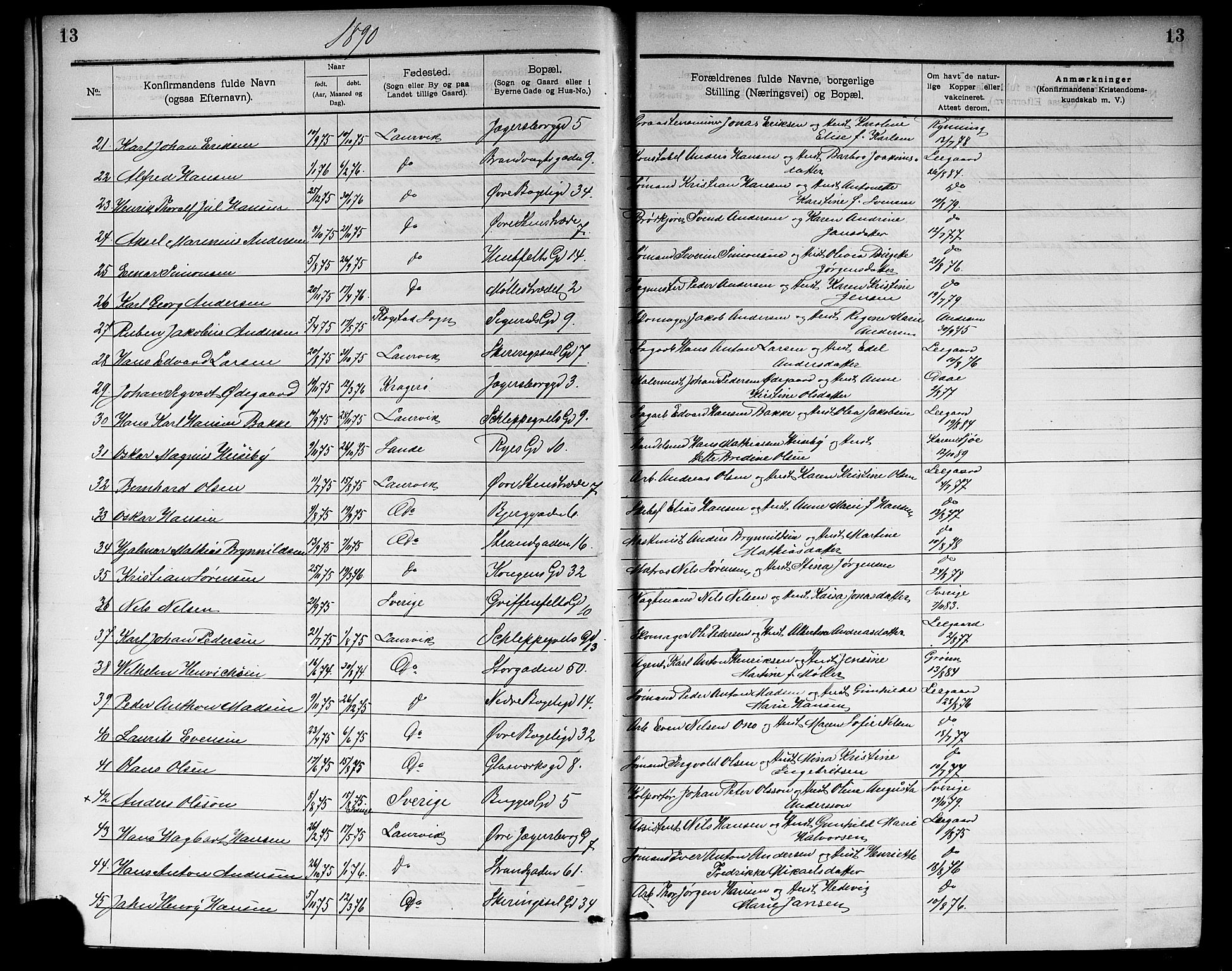 Larvik kirkebøker, SAKO/A-352/G/Ga/L0006: Parish register (copy) no. I 6, 1888-1917, p. 13