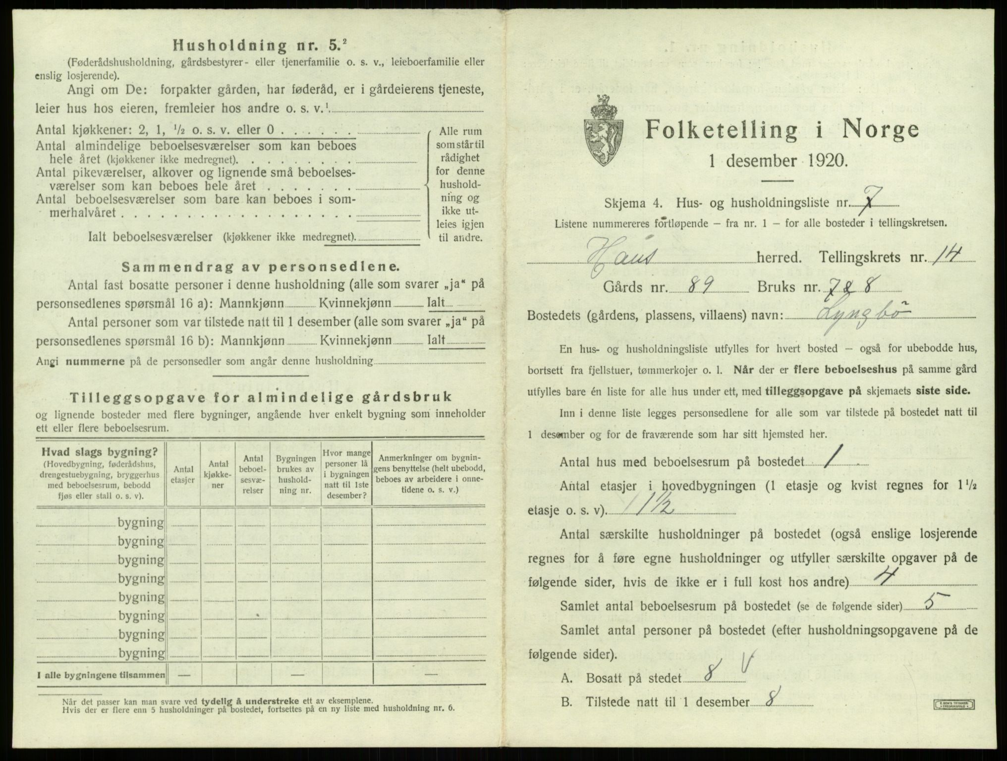 SAB, 1920 census for Haus, 1920, p. 1148