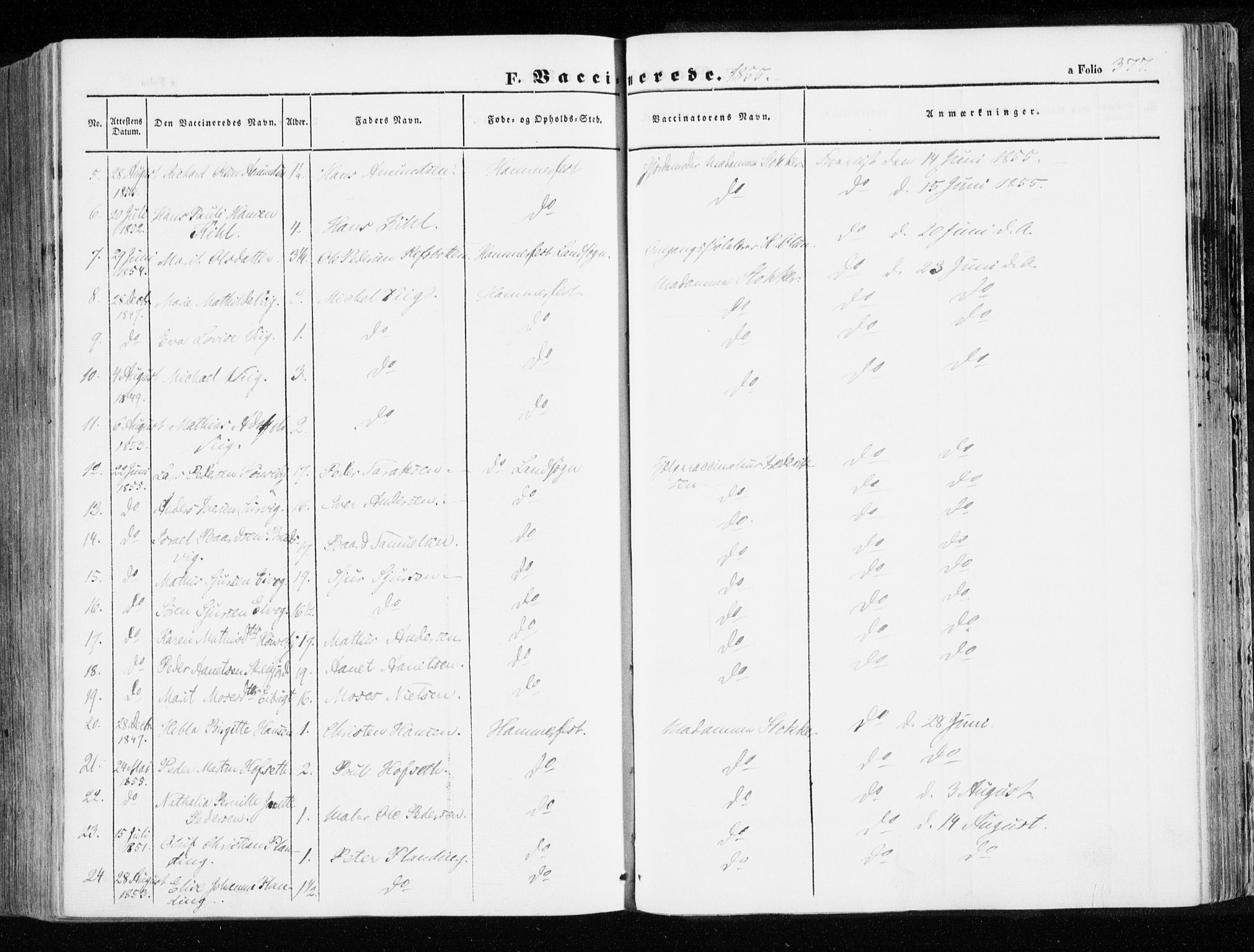 Hammerfest sokneprestkontor, AV/SATØ-S-1347/H/Ha/L0004.kirke: Parish register (official) no. 4, 1843-1856, p. 377