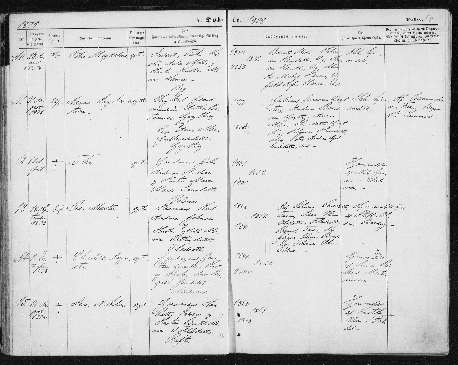 Ministerialprotokoller, klokkerbøker og fødselsregistre - Nordland, AV/SAT-A-1459/888/L1243: Parish register (official) no. 888A09, 1876-1879, p. 52