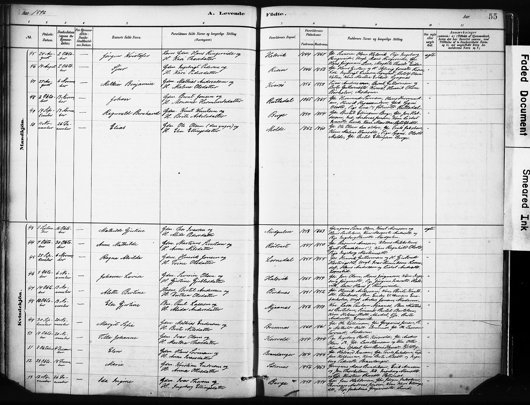 Gulen sokneprestembete, AV/SAB-A-80201/H/Haa/Haab/L0001: Parish register (official) no. B 1, 1881-1905, p. 55