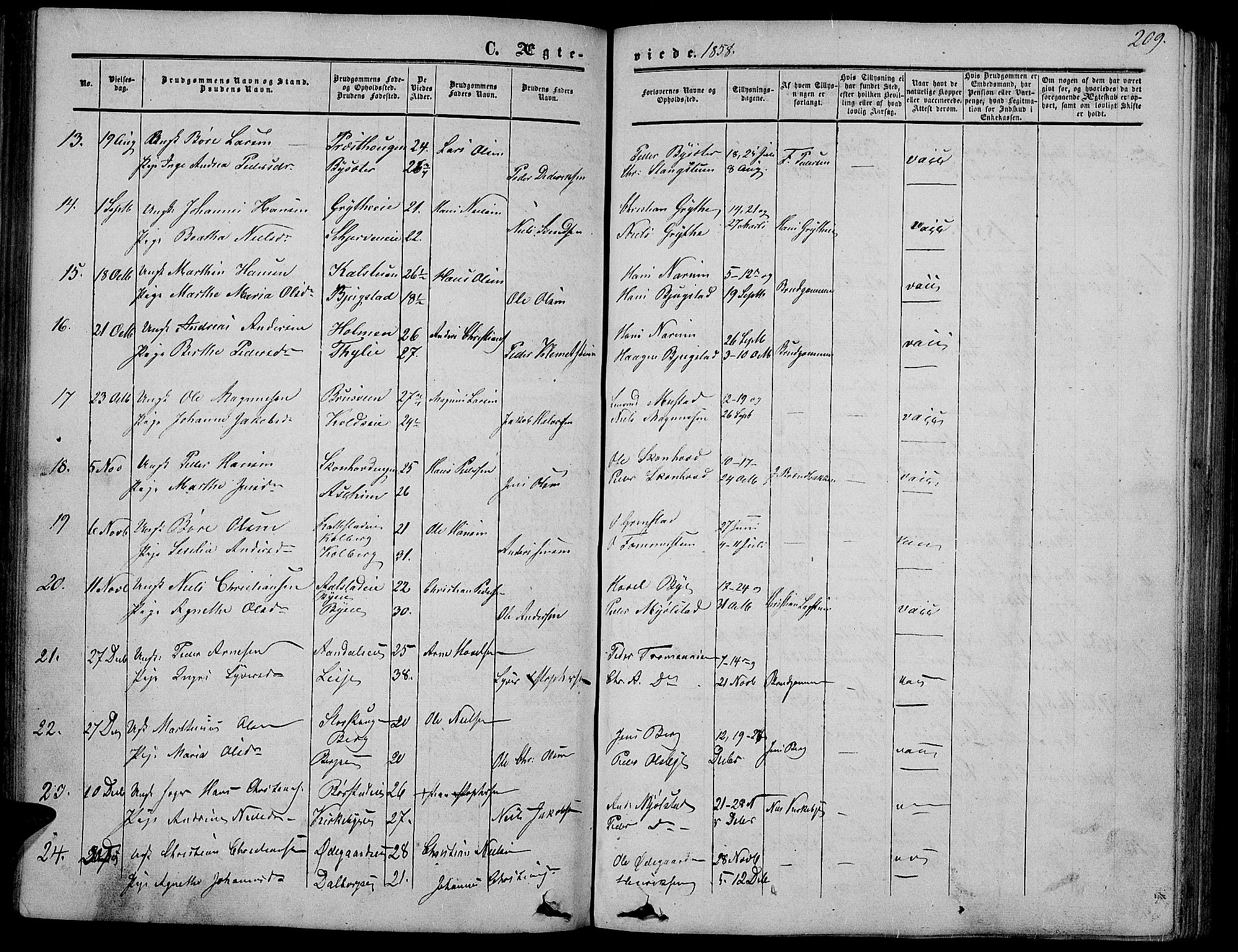 Vardal prestekontor, SAH/PREST-100/H/Ha/Hab/L0005: Parish register (copy) no. 5, 1854-1868, p. 209