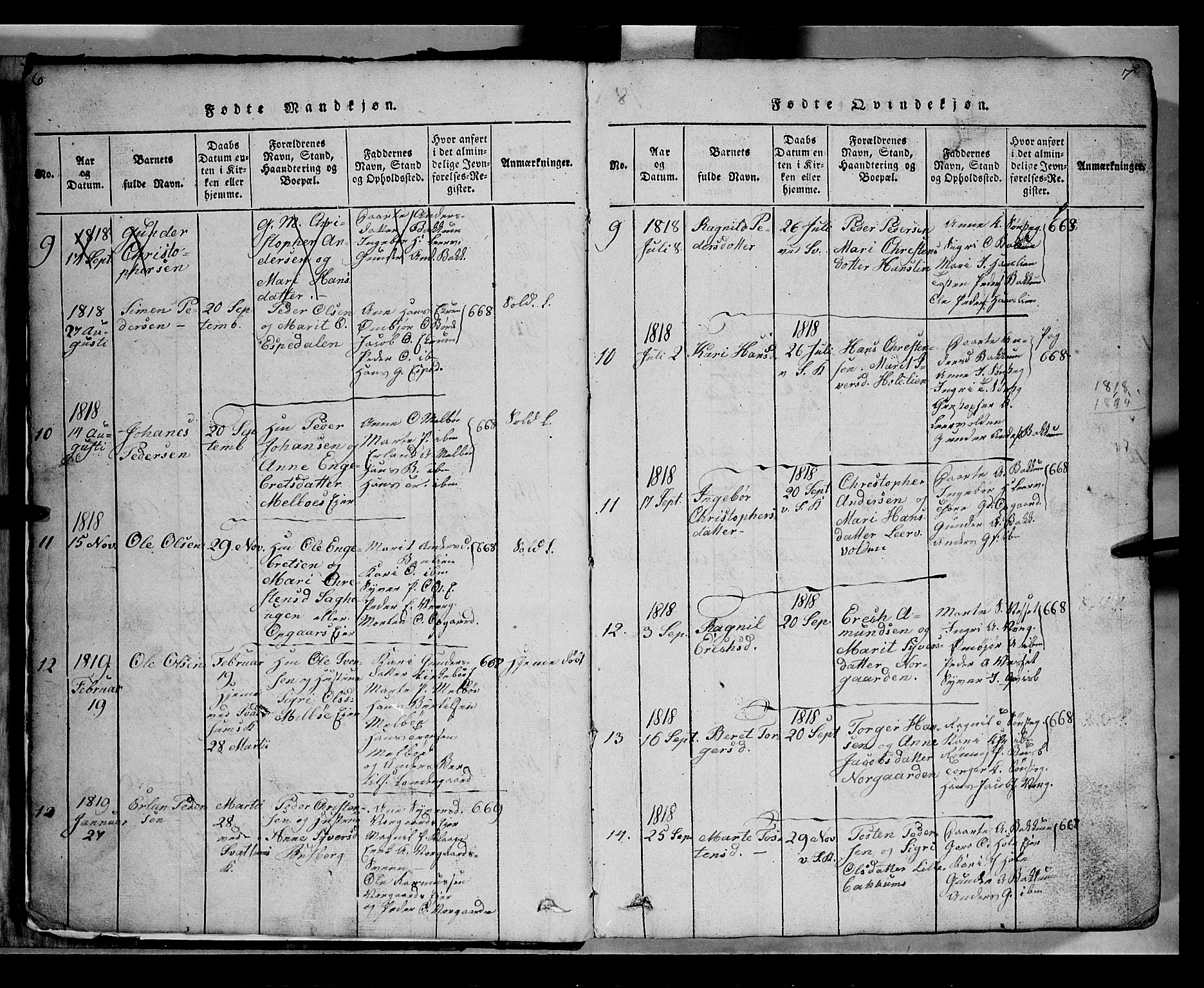 Gausdal prestekontor, SAH/PREST-090/H/Ha/Hab/L0002: Parish register (copy) no. 2, 1818-1874, p. 6-7