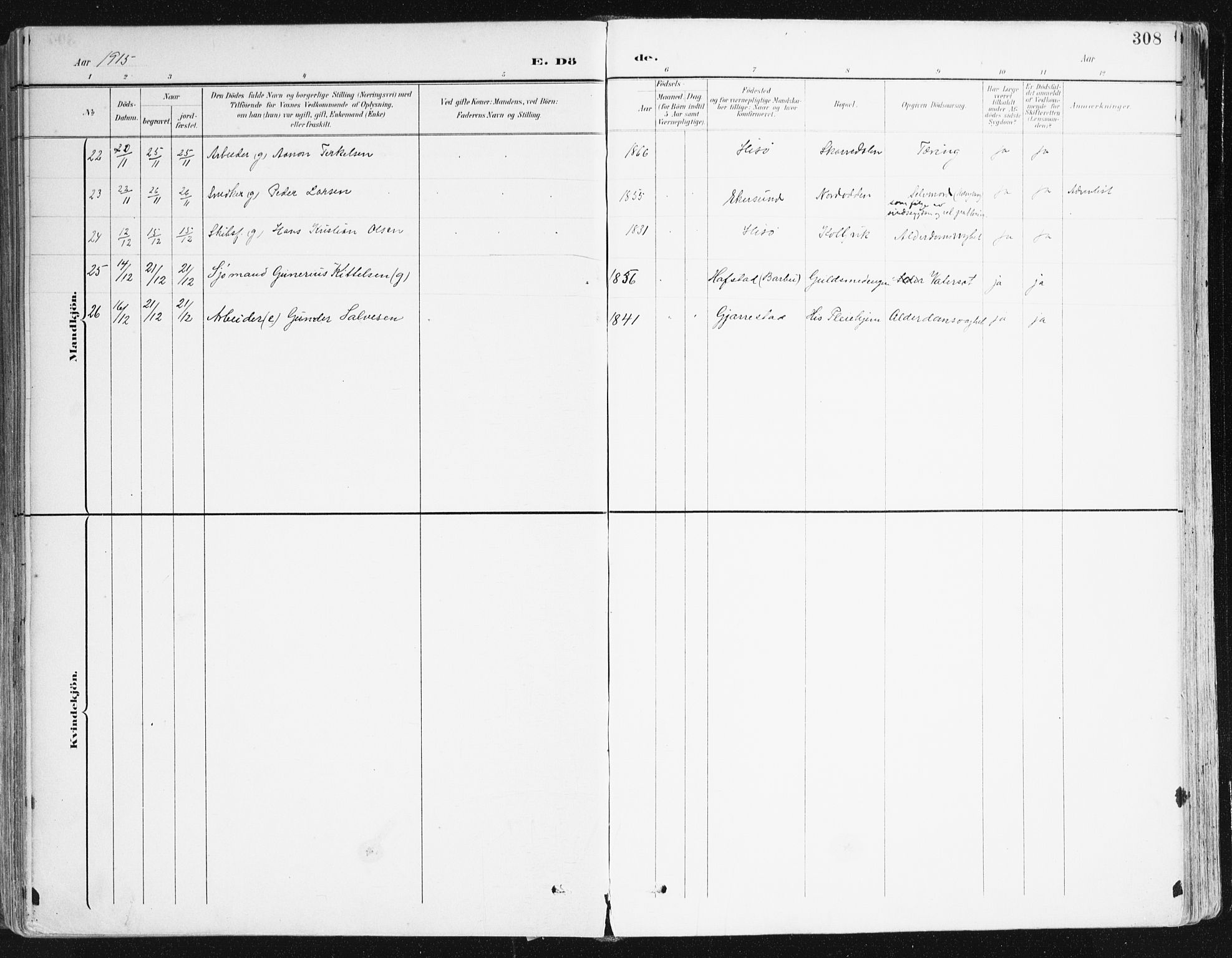 Hisøy sokneprestkontor, AV/SAK-1111-0020/F/Fa/L0004: Parish register (official) no. A 4, 1895-1917, p. 308