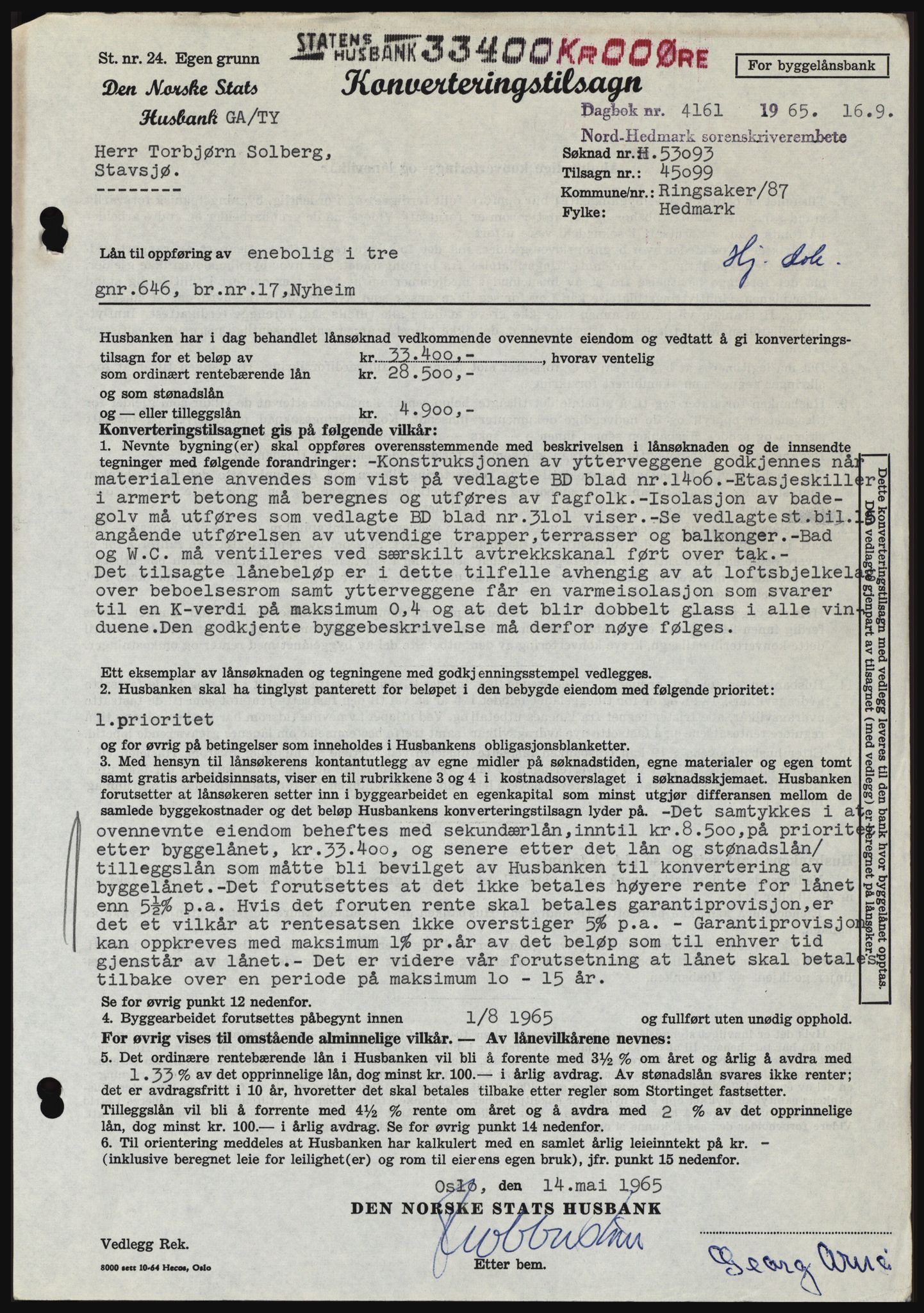 Nord-Hedmark sorenskriveri, SAH/TING-012/H/Hc/L0022: Mortgage book no. 22, 1965-1965, Diary no: : 4161/1965