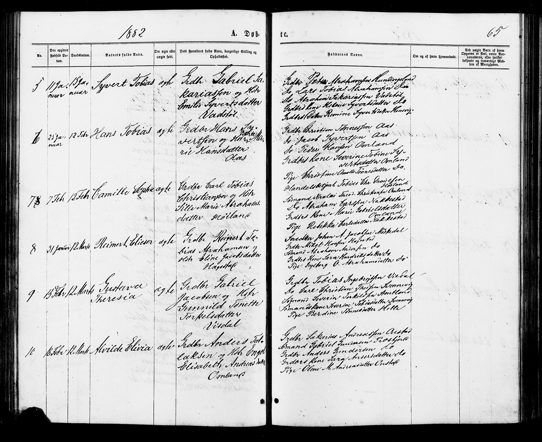 Lyngdal sokneprestkontor, SAK/1111-0029/F/Fa/Faa/L0003: Parish register (official) no. A 3, 1871-1882, p. 65