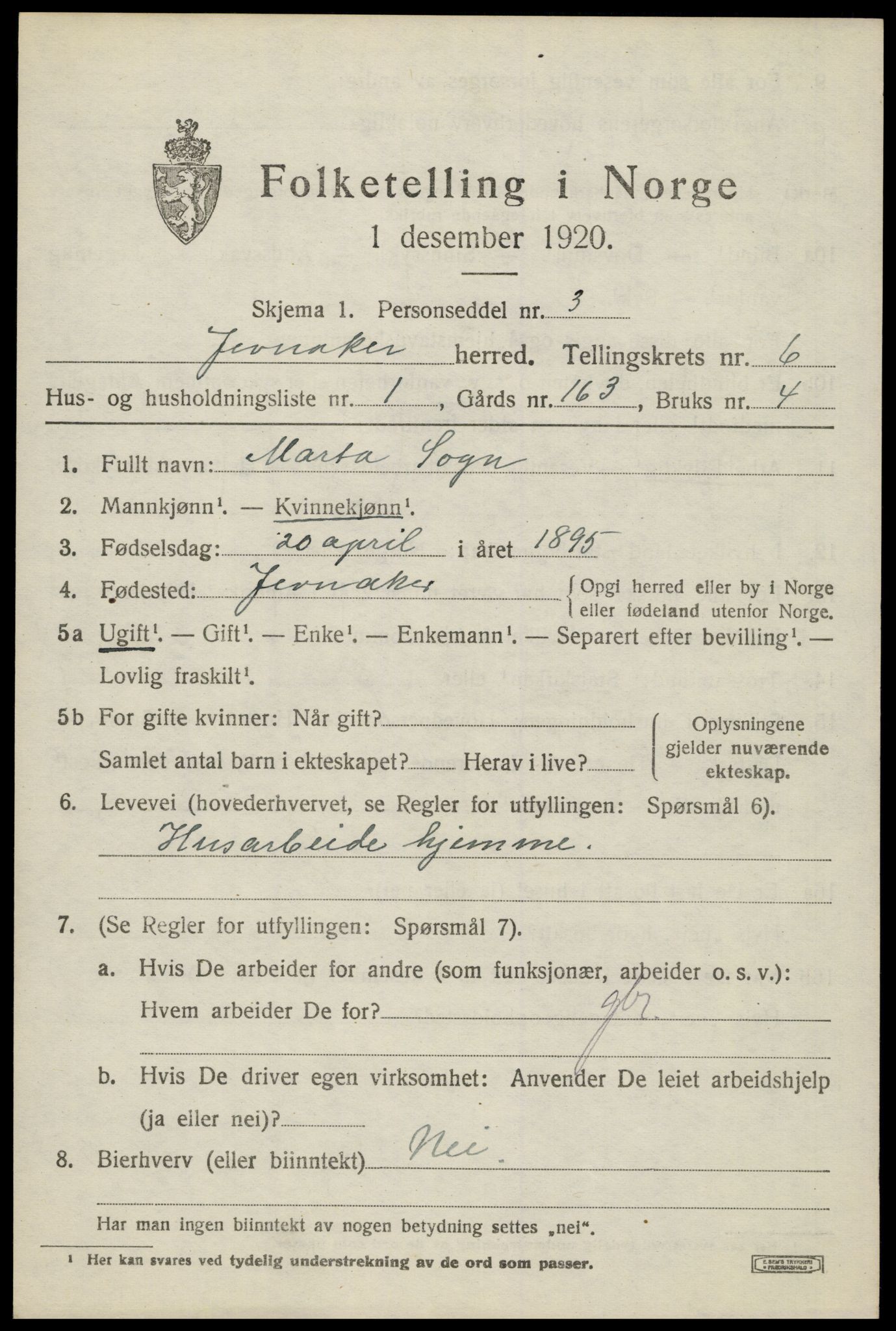 SAH, 1920 census for Jevnaker, 1920, p. 8847