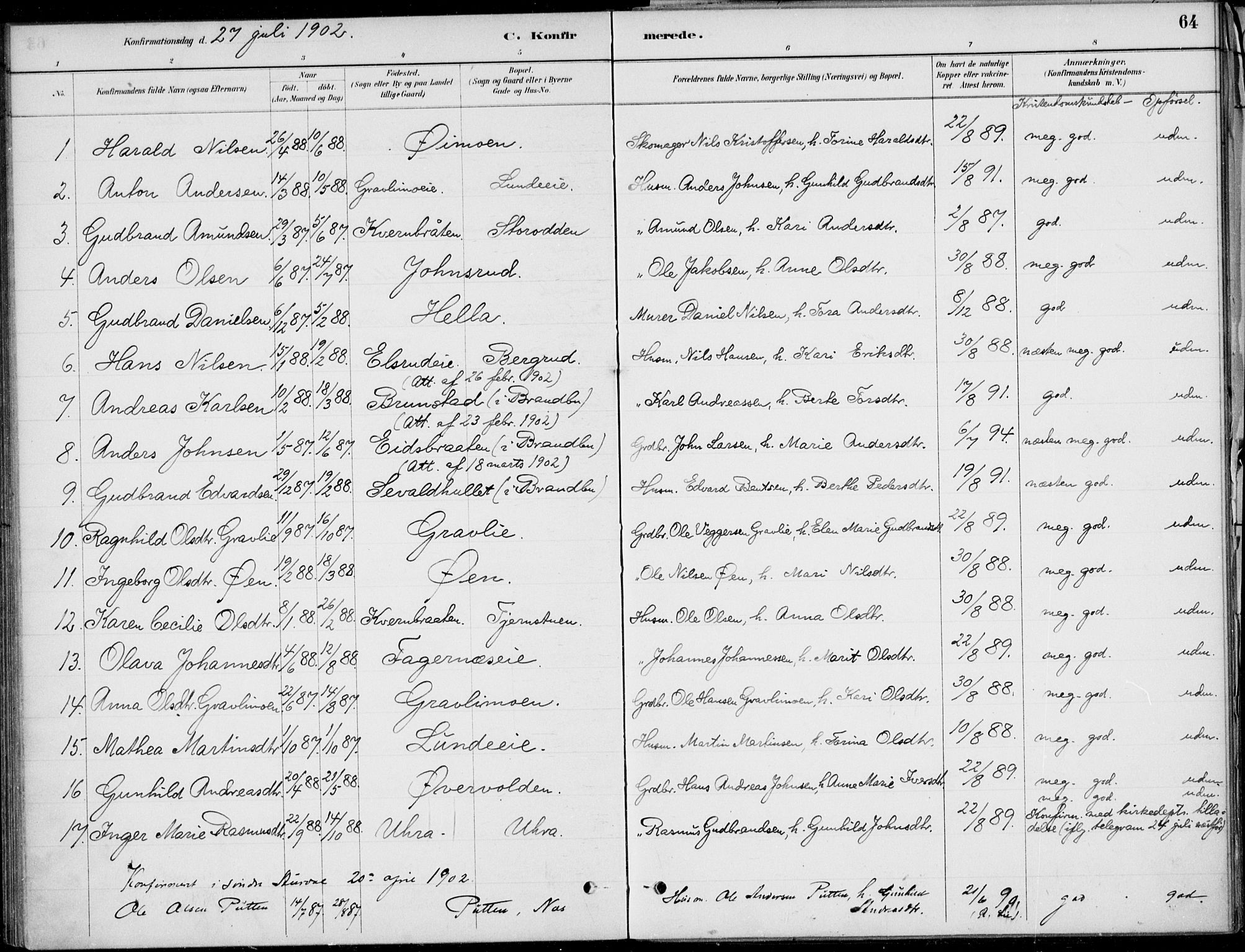 Ådal kirkebøker, AV/SAKO-A-248/F/Fa/L0004: Parish register (official) no. I 4, 1884-1904, p. 64