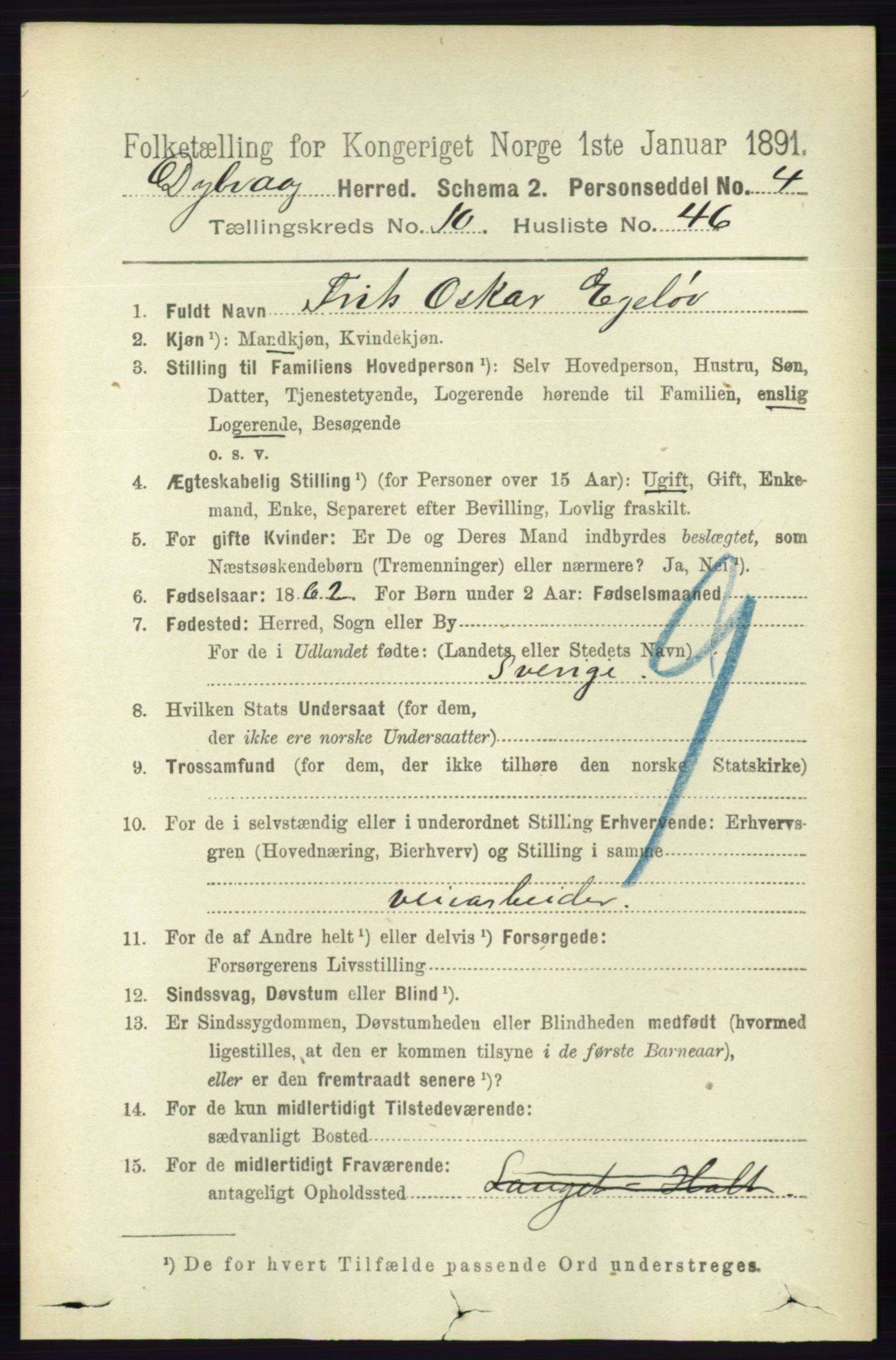 RA, 1891 census for 0915 Dypvåg, 1891, p. 4012