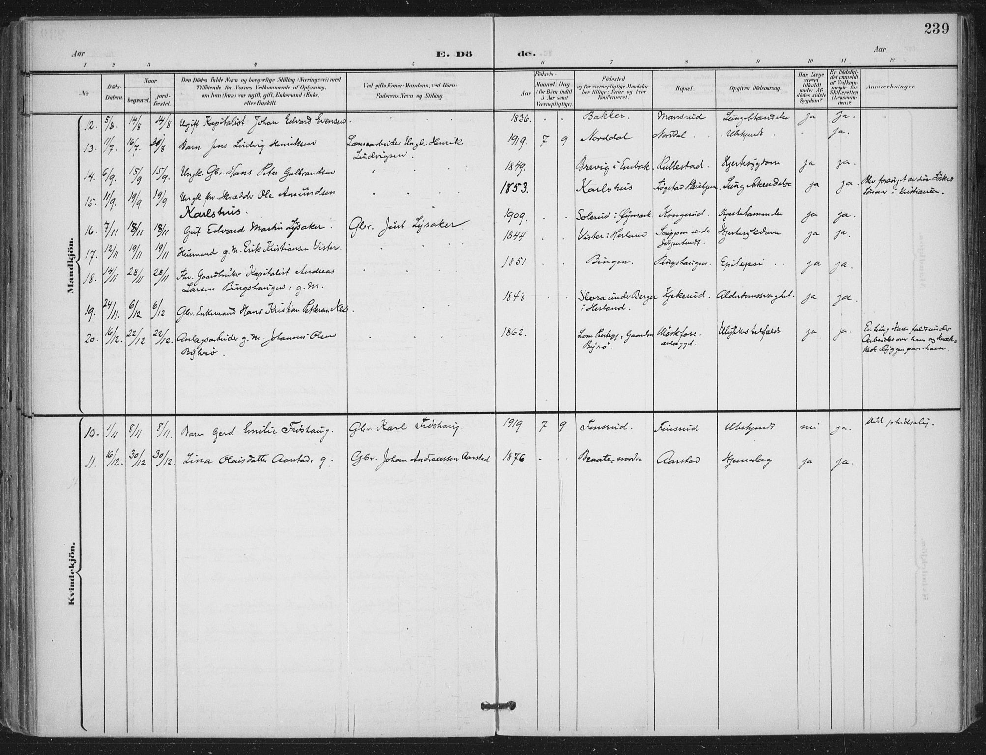 Trøgstad prestekontor Kirkebøker, AV/SAO-A-10925/F/Fa/L0011: Parish register (official) no. I 11, 1899-1919, p. 239