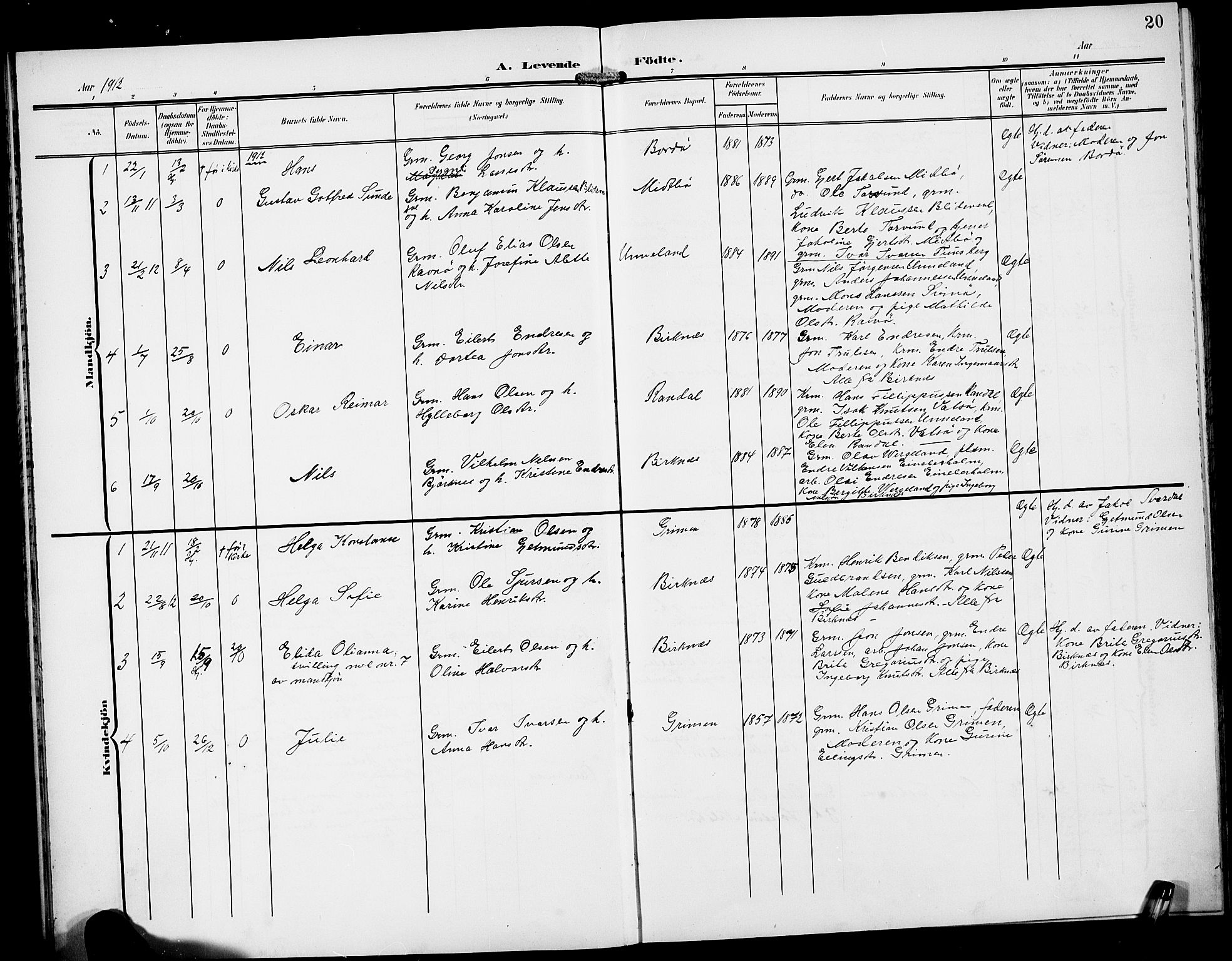 Gulen sokneprestembete, AV/SAB-A-80201/H/Hab/Habd/L0001: Parish register (copy) no. D 1, 1901-1924, p. 20