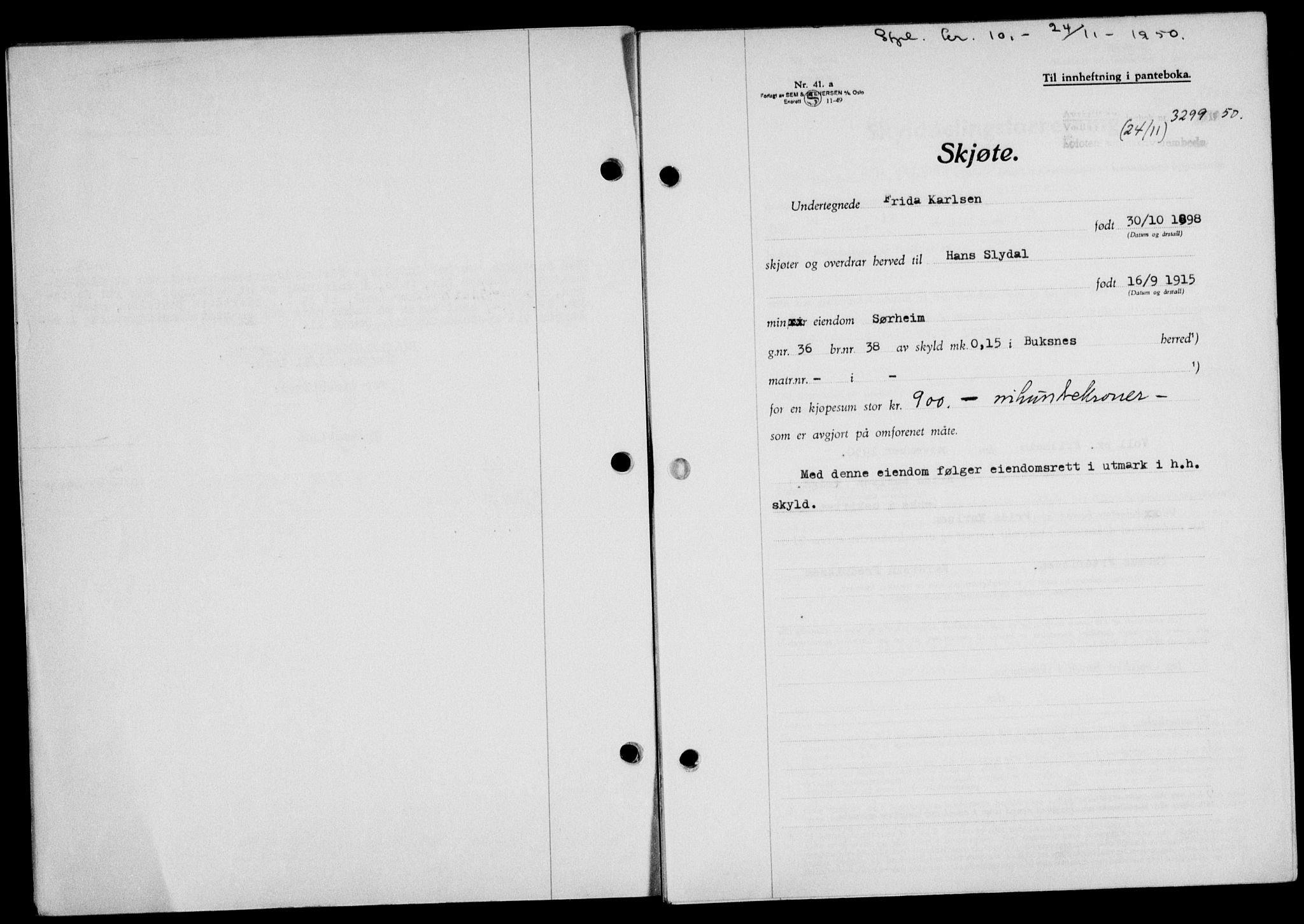 Lofoten sorenskriveri, SAT/A-0017/1/2/2C/L0025a: Mortgage book no. 25a, 1950-1951, Diary no: : 3299/1950