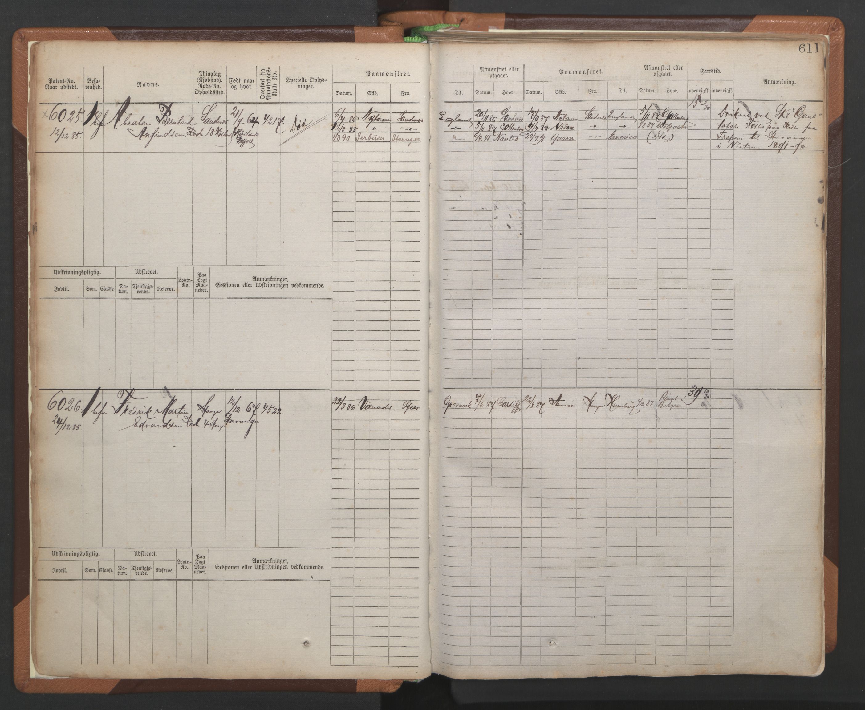 Stavanger sjømannskontor, AV/SAST-A-102006/F/Fb/Fbb/L0010: Sjøfartshovedrulle, patentnr. 6007-6606 (del 1), 1887-1896, p. 15