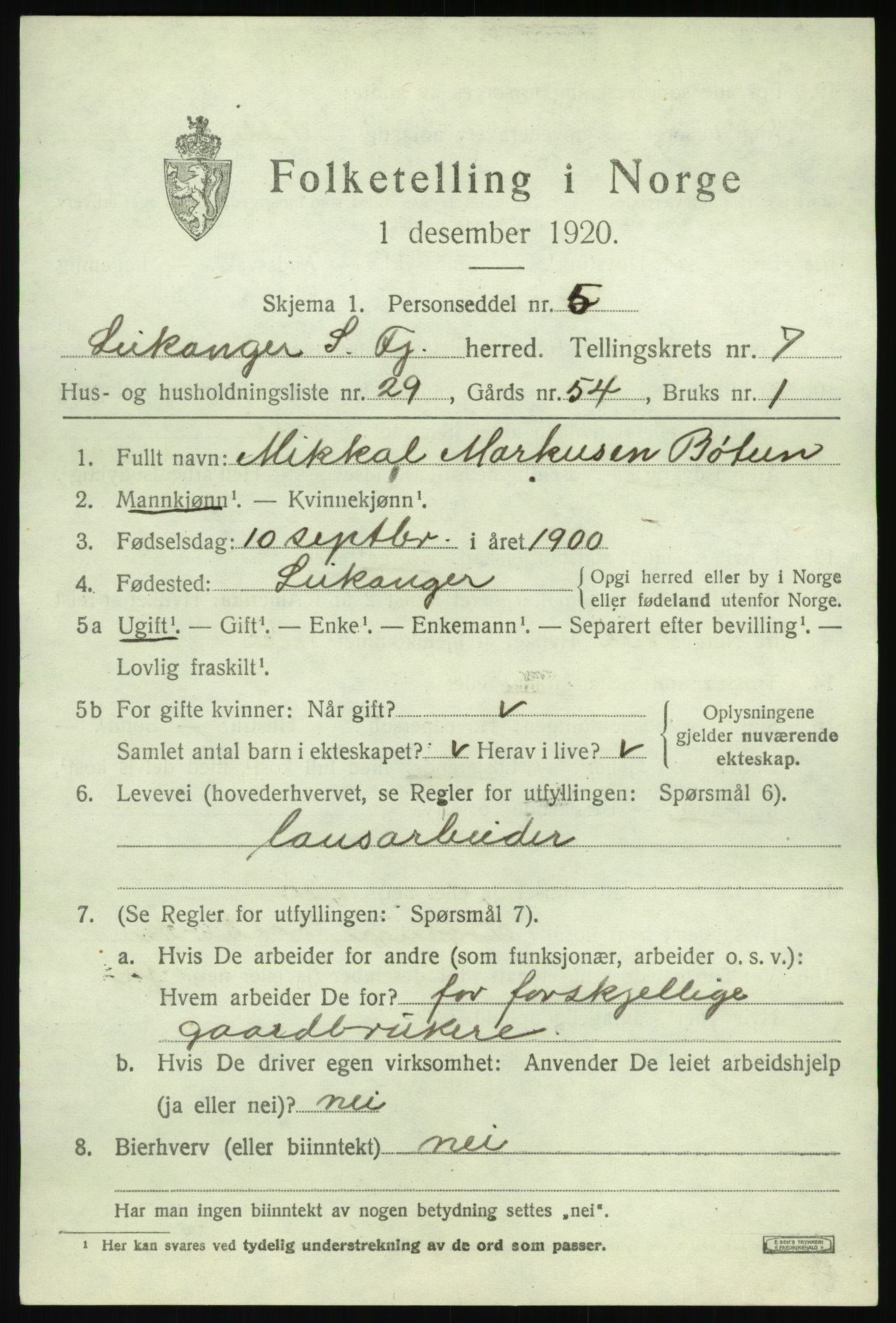 SAB, 1920 census for Leikanger, 1920, p. 4882