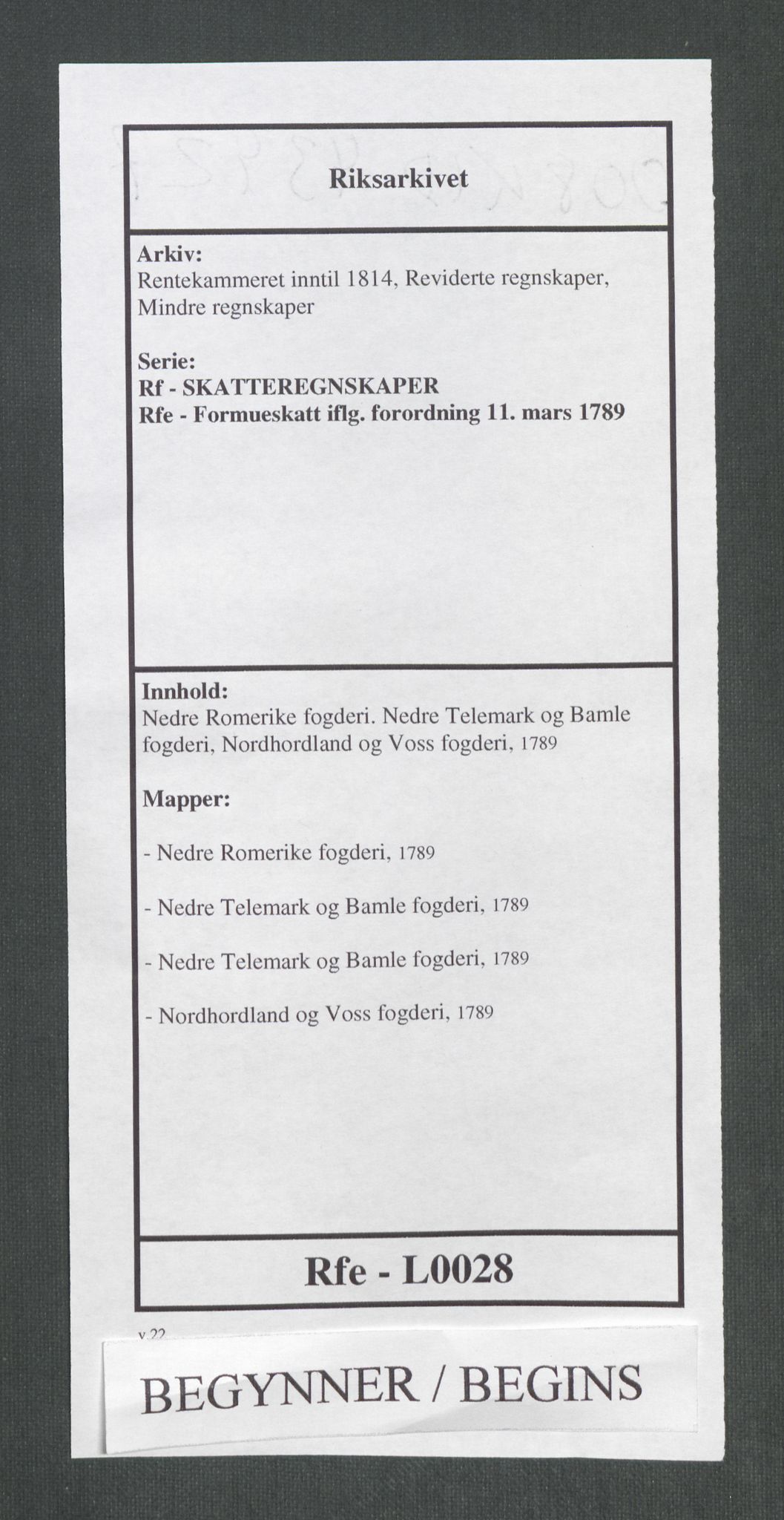 Rentekammeret inntil 1814, Reviderte regnskaper, Mindre regnskaper, AV/RA-EA-4068/Rf/Rfe/L0028: Nedre Romerike fogderi. Nedre Telemark og Bamle fogderi, Nordhordland og Voss fogderi, 1789, p. 1