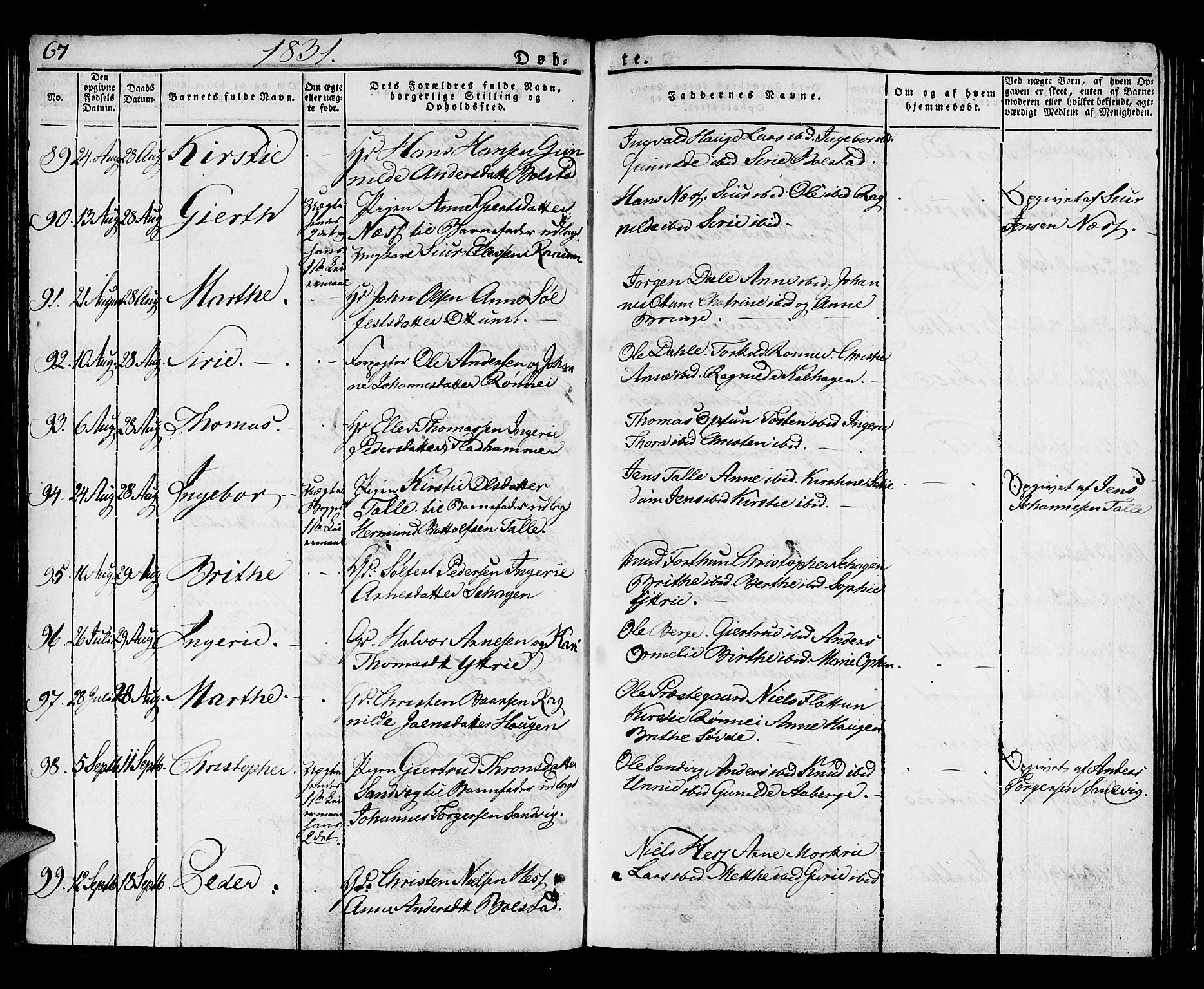 Luster sokneprestembete, AV/SAB-A-81101/H/Haa/Haaa/L0004: Parish register (official) no. A 4, 1821-1832, p. 67