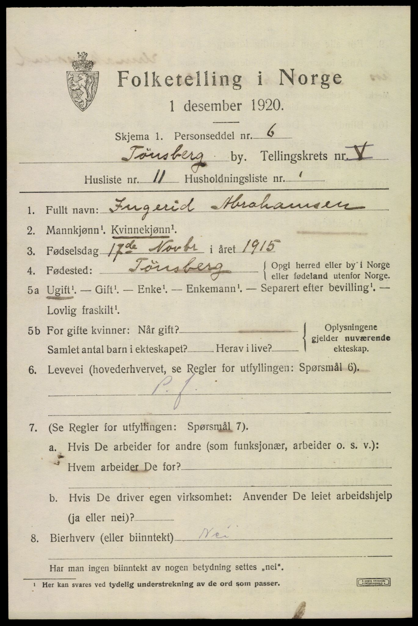 SAKO, 1920 census for Tønsberg, 1920, p. 13341