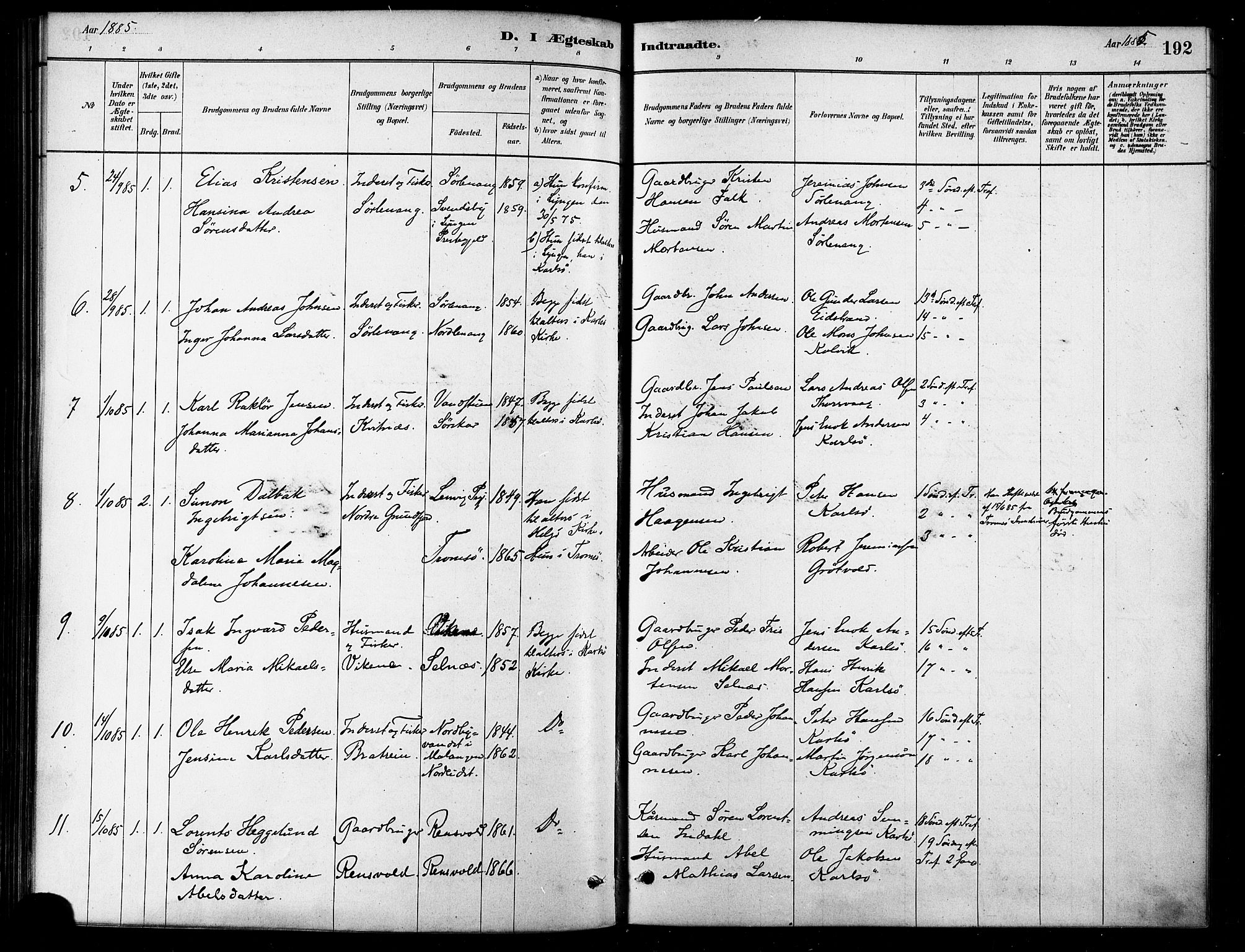 Karlsøy sokneprestembete, SATØ/S-1299/H/Ha/Haa/L0006kirke: Parish register (official) no. 6, 1879-1890, p. 192