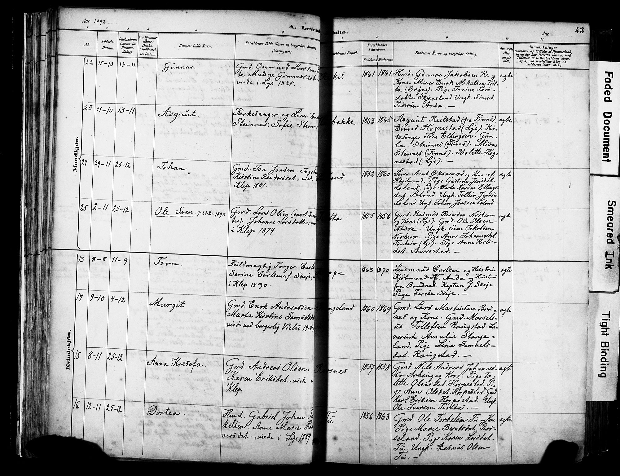 Klepp sokneprestkontor, AV/SAST-A-101803/001/3/30BA/L0009: Parish register (official) no. A 7, 1886-1915, p. 43