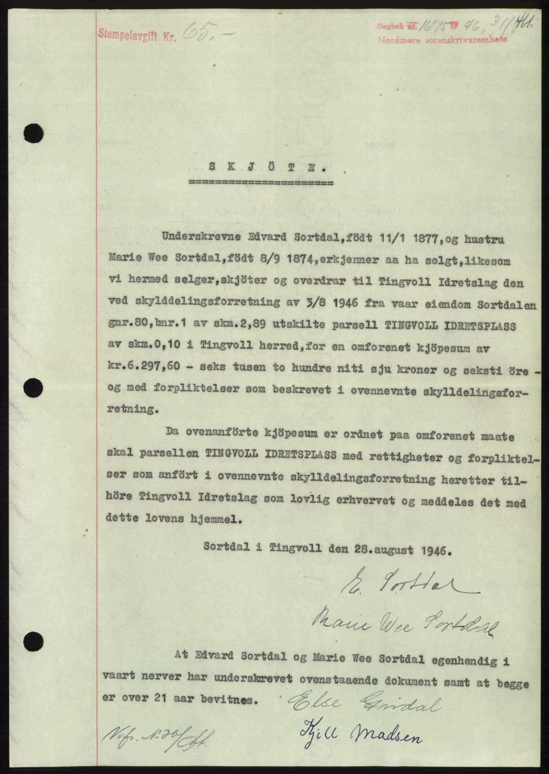 Nordmøre sorenskriveri, AV/SAT-A-4132/1/2/2Ca: Mortgage book no. A102, 1946-1946, Diary no: : 1675/1946