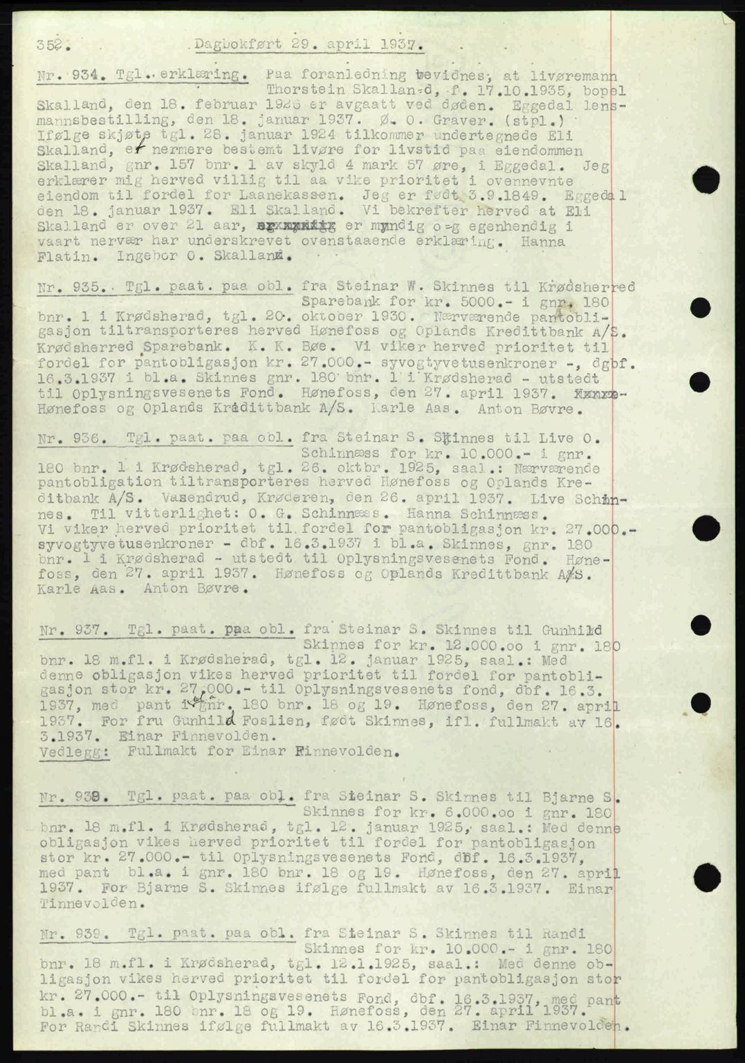 Eiker, Modum og Sigdal sorenskriveri, SAKO/A-123/G/Ga/Gab/L0035: Mortgage book no. A5, 1937-1937, Diary no: : 934/1937