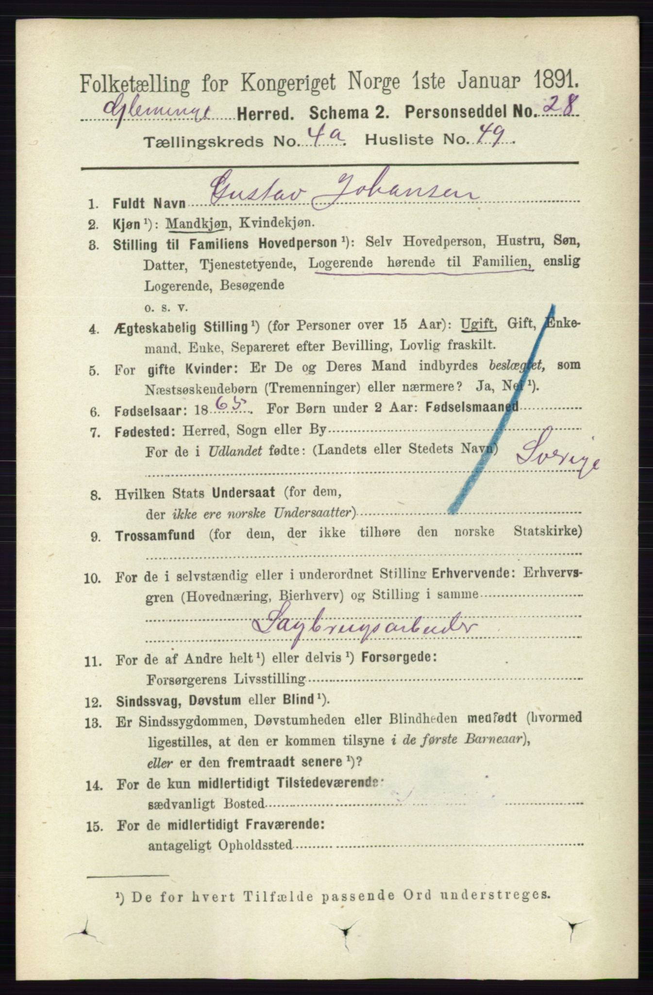 RA, 1891 census for 0132 Glemmen, 1891, p. 3953