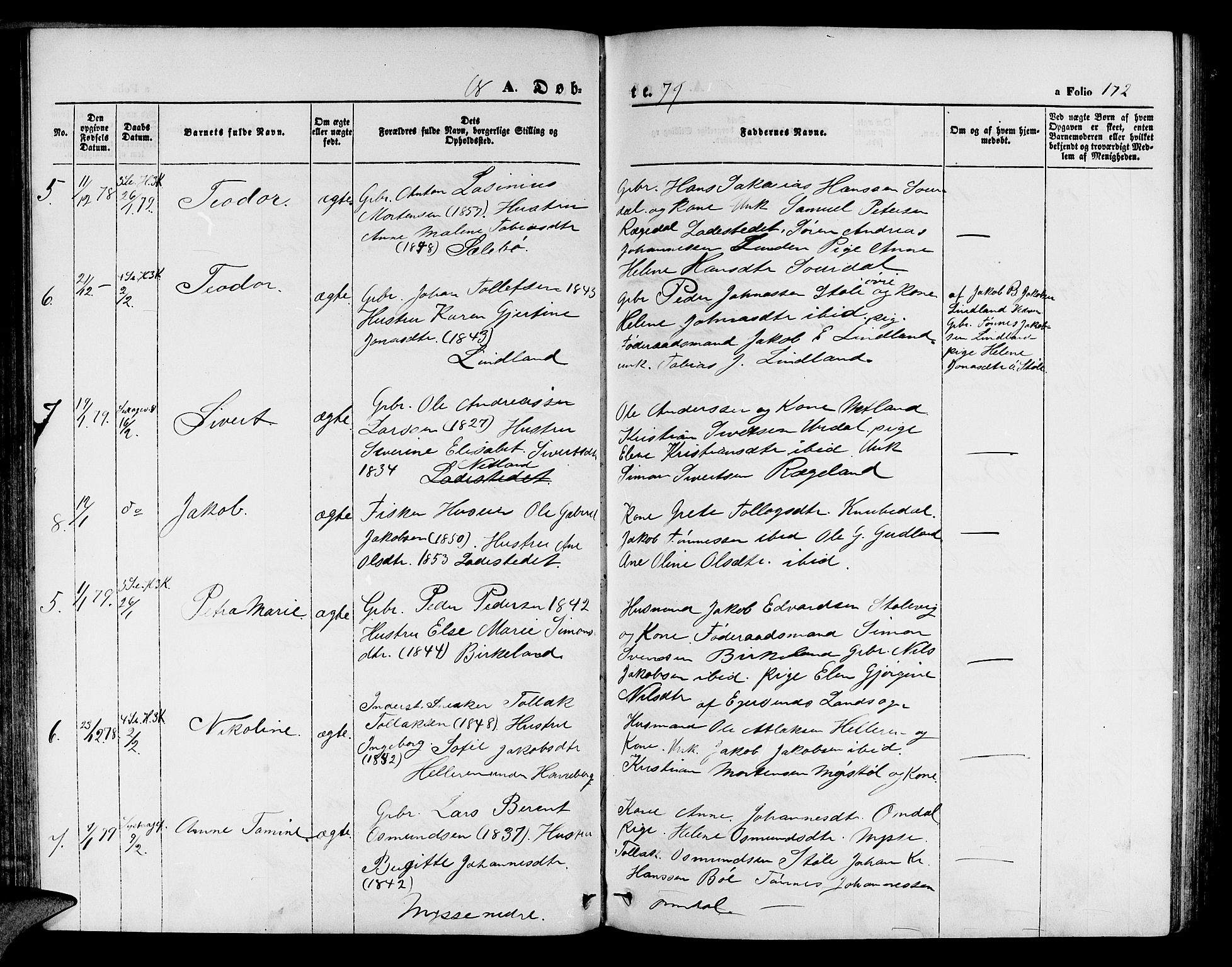 Sokndal sokneprestkontor, SAST/A-101808: Parish register (copy) no. B 3, 1865-1879, p. 172