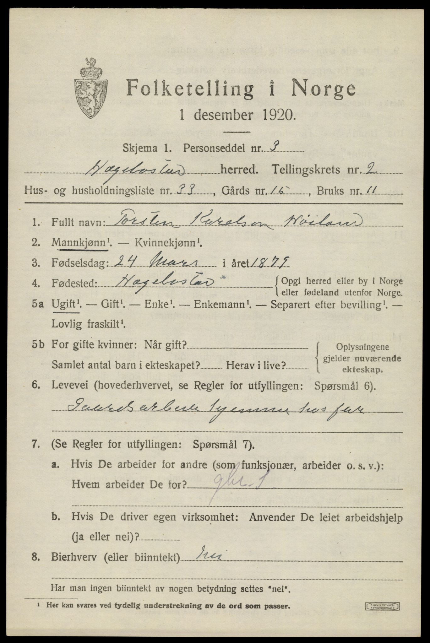 SAK, 1920 census for Hægebostad, 1920, p. 1107