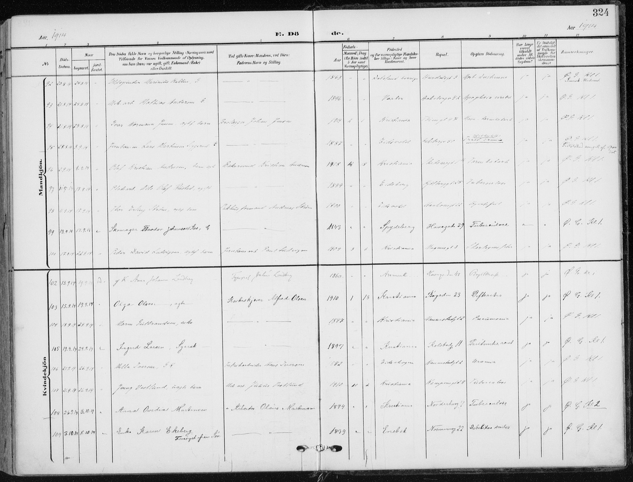 Kampen prestekontor Kirkebøker, AV/SAO-A-10853/F/Fa/L0011: Parish register (official) no. I 11, 1907-1917, p. 324