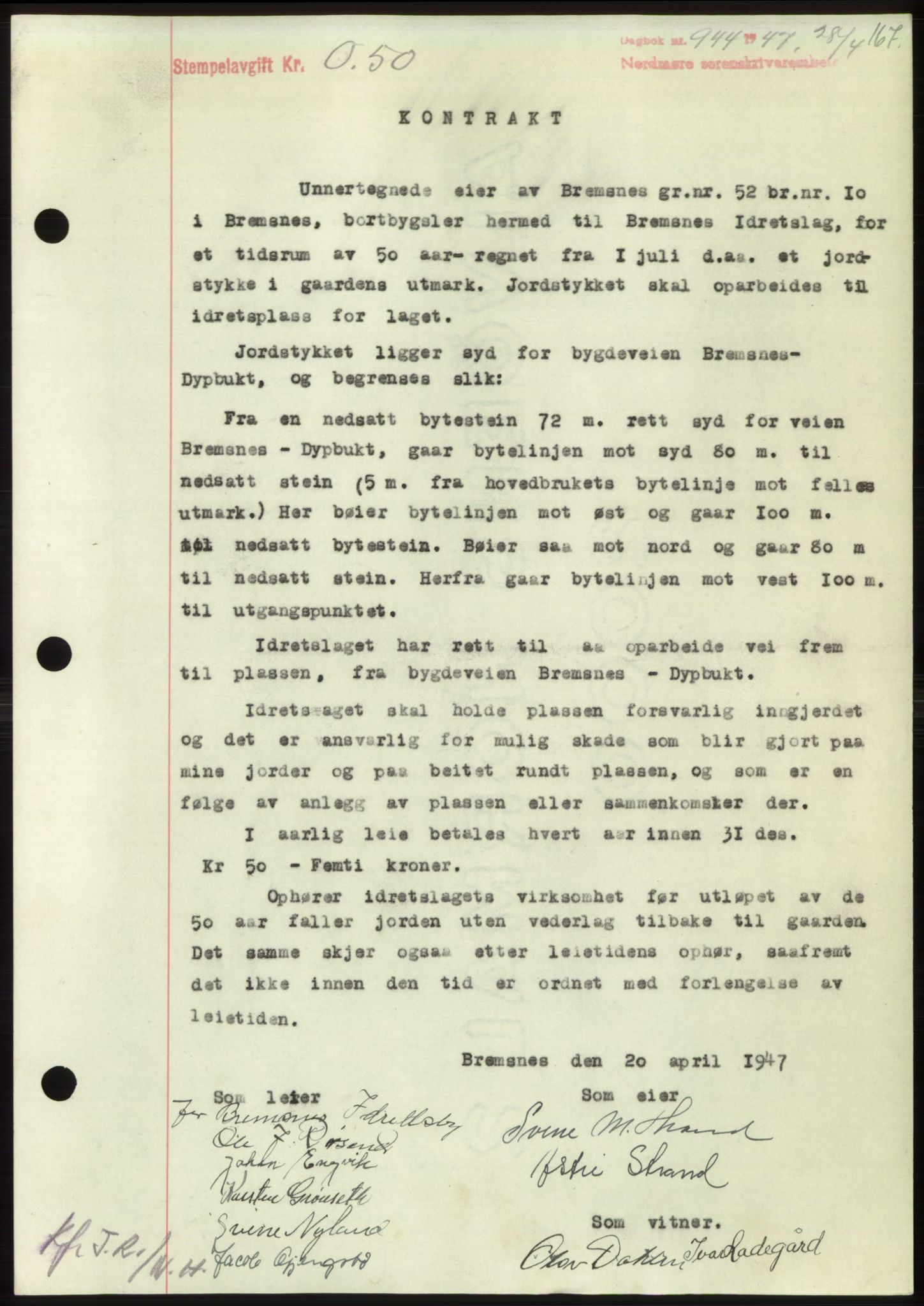 Nordmøre sorenskriveri, AV/SAT-A-4132/1/2/2Ca: Mortgage book no. B96, 1947-1947, Diary no: : 944/1947