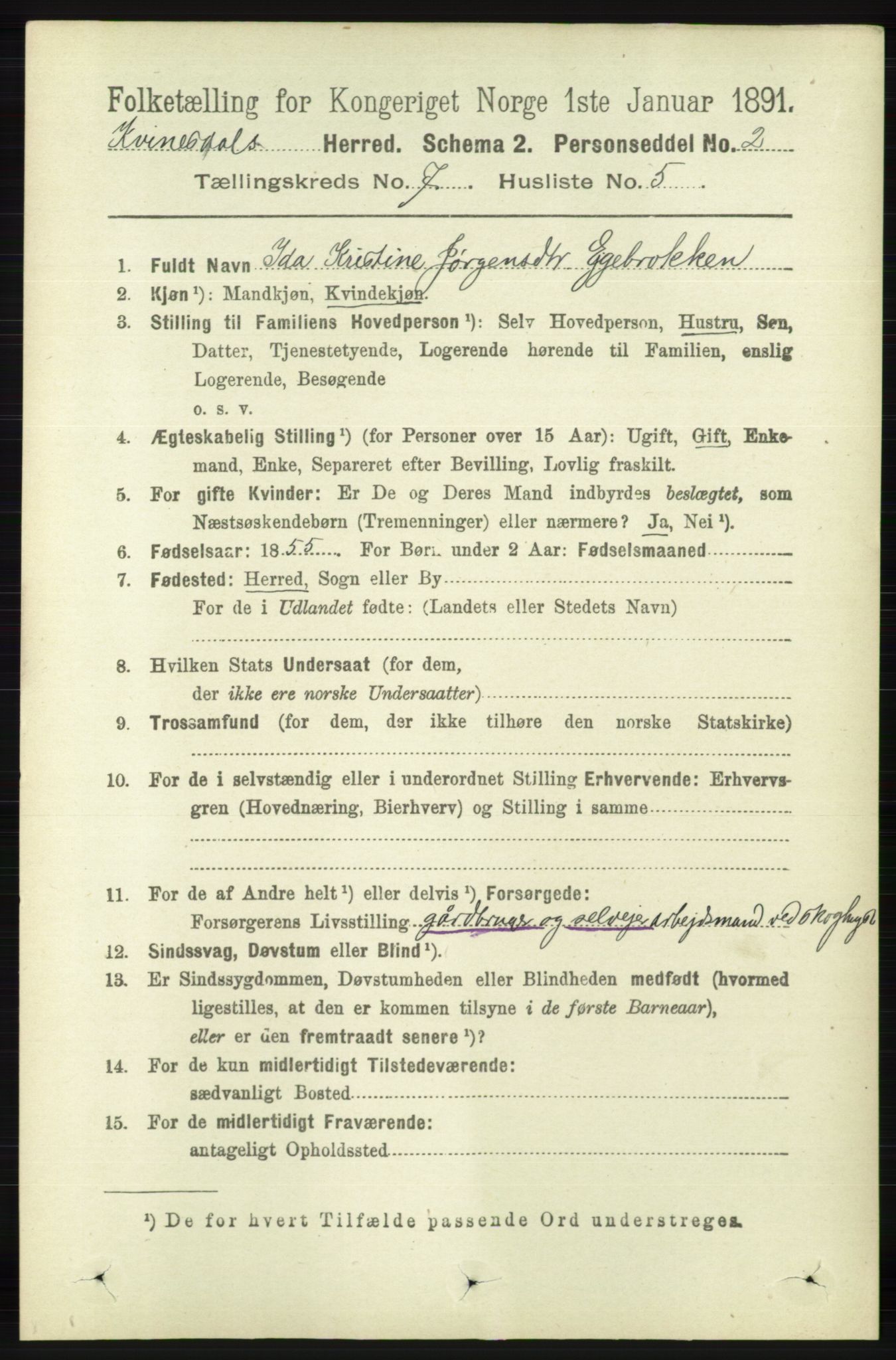 RA, 1891 census for 1037 Kvinesdal, 1891, p. 2447