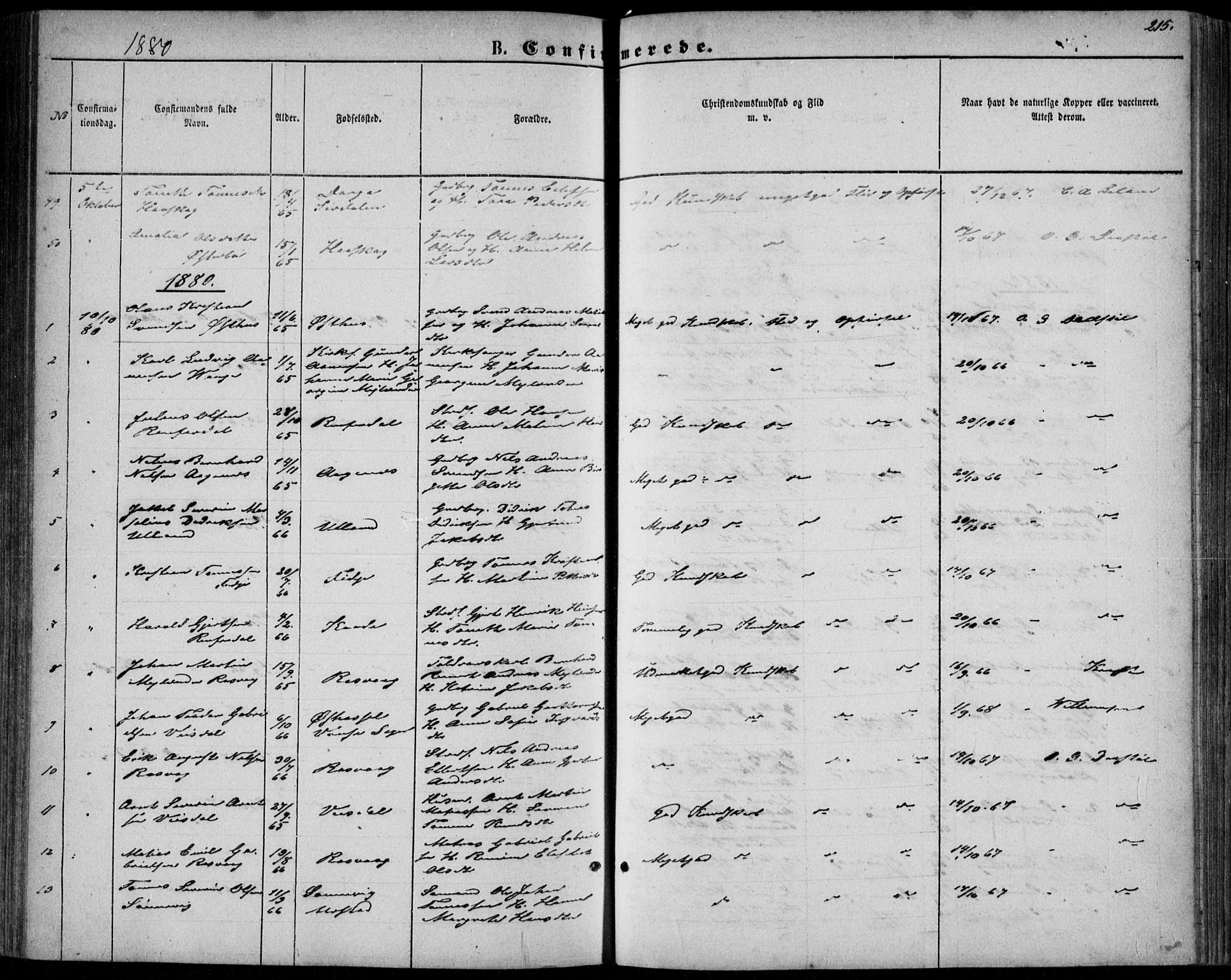 Flekkefjord sokneprestkontor, AV/SAK-1111-0012/F/Fb/Fbb/L0003: Parish register (copy) no. B 3, 1867-1889, p. 215