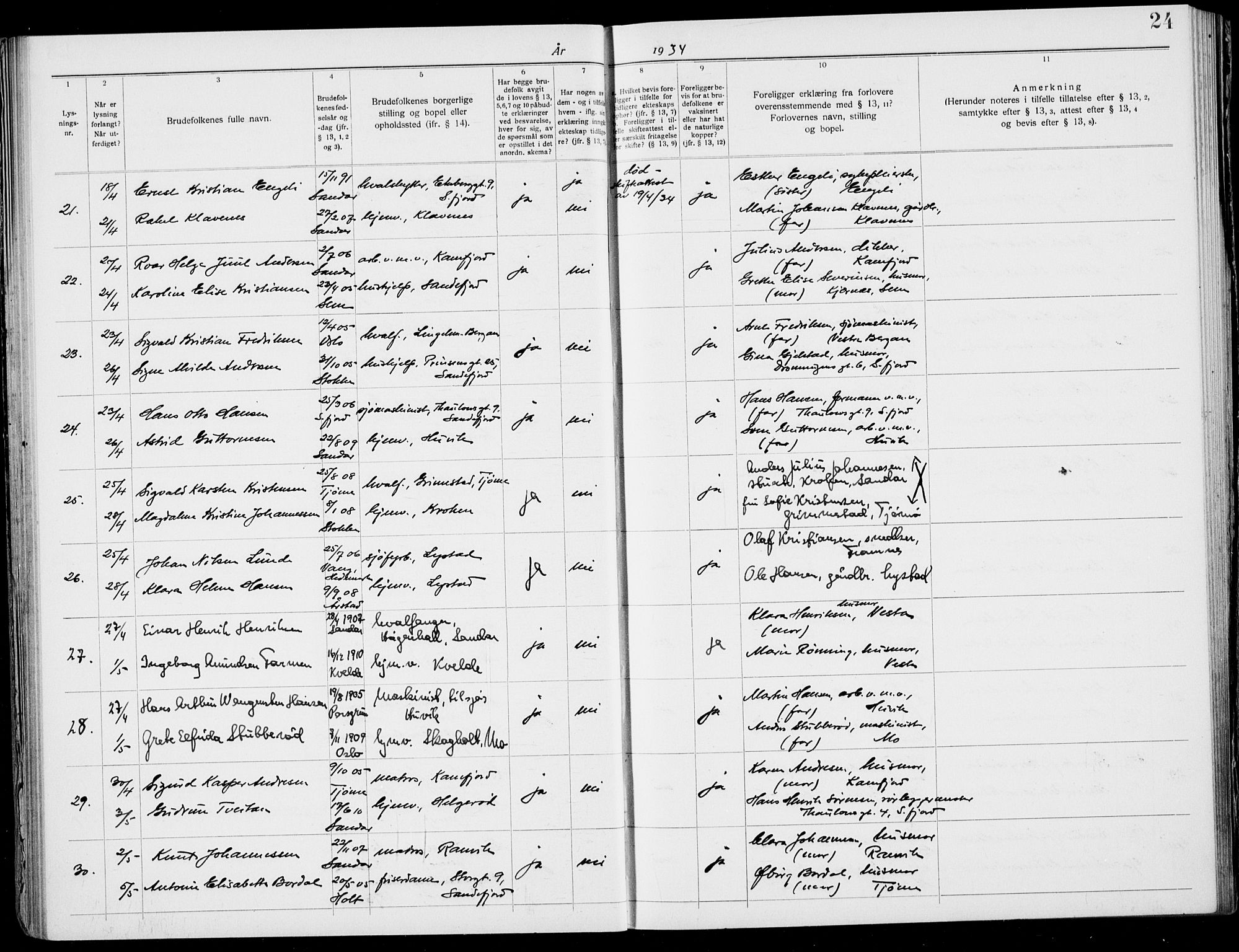Sandar kirkebøker, AV/SAKO-A-243/H/Ha/L0006: Banns register no. 6, 1932-1939, p. 24