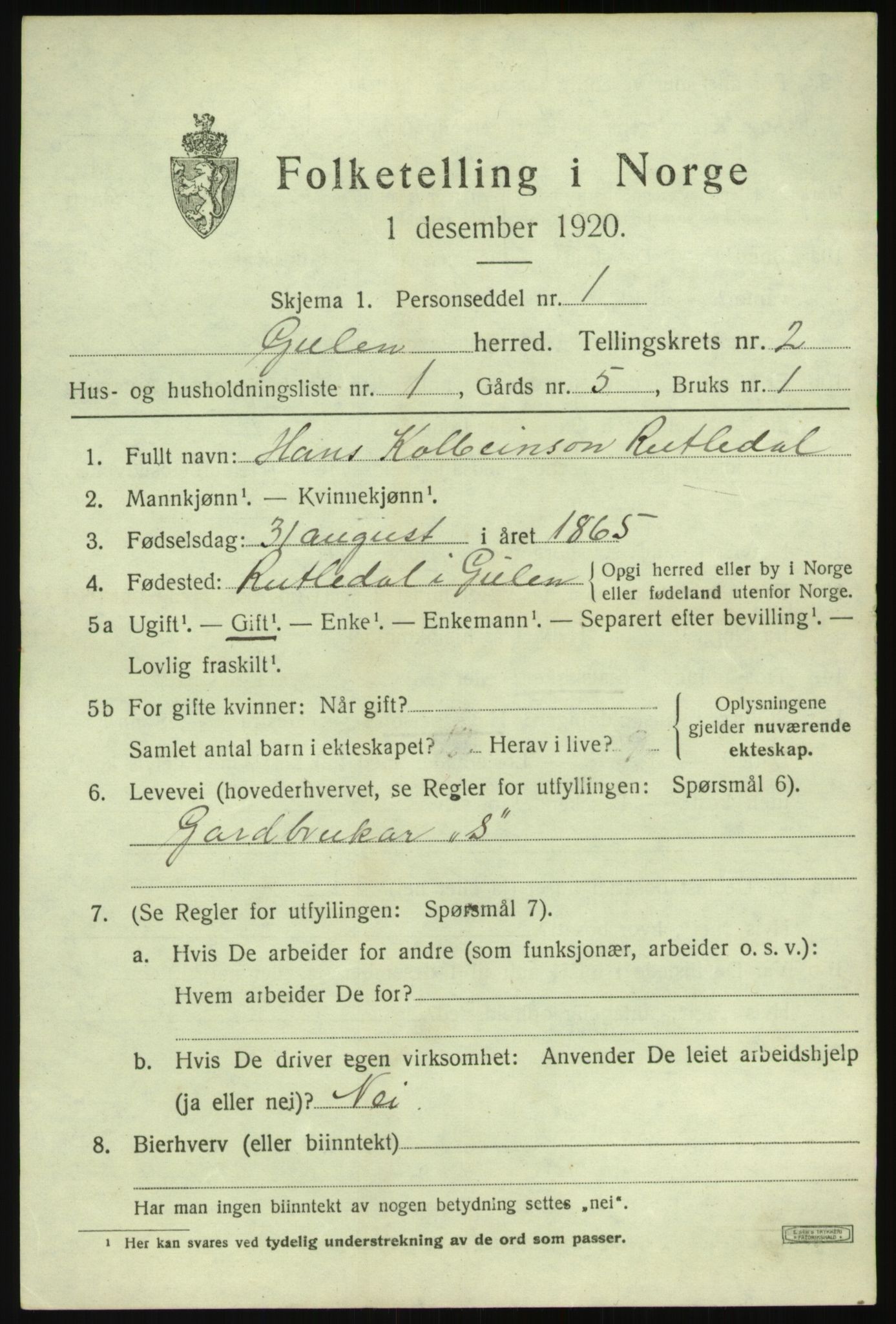 SAB, 1920 census for Gulen, 1920, p. 1307