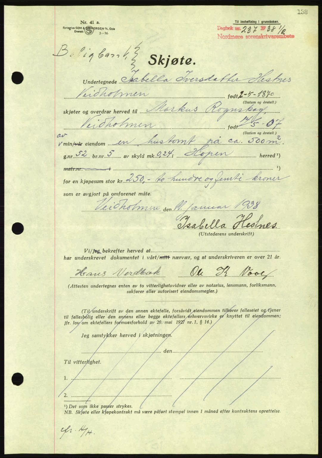 Nordmøre sorenskriveri, AV/SAT-A-4132/1/2/2Ca: Mortgage book no. A83, 1938-1938, Diary no: : 237/1938