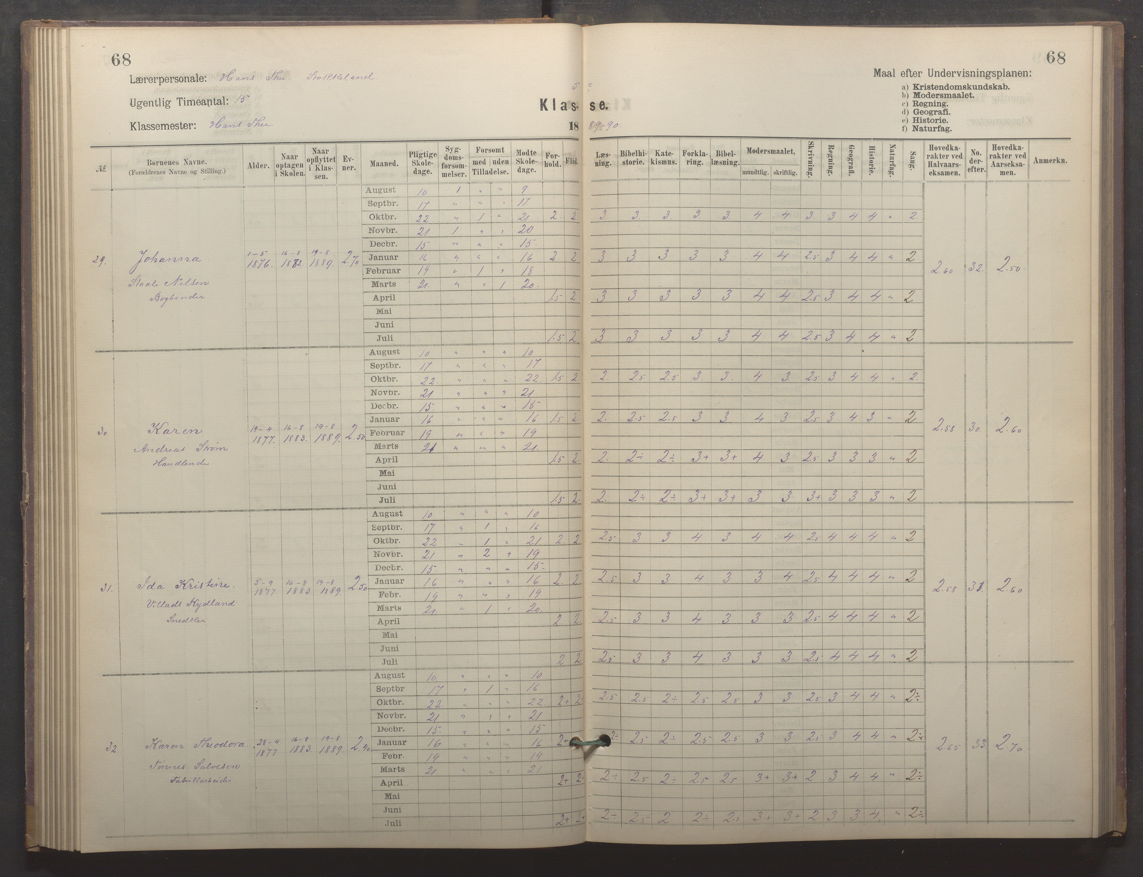 Egersund kommune (Ladested) - Egersund almueskole/folkeskole, IKAR/K-100521/H/L0022: Skoleprotokoll - Almueskolen, 5. klasse, 1886-1892, p. 68