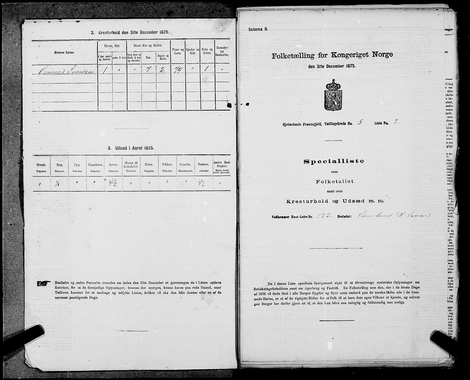 SAST, 1875 census for 1133P Hjelmeland, 1875, p. 579