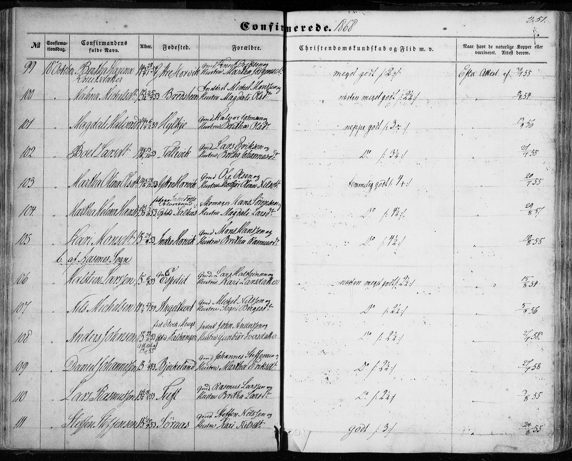 Hamre sokneprestembete, AV/SAB-A-75501/H/Ha/Haa/Haaa/L0014: Parish register (official) no. A 14, 1858-1872, p. 251