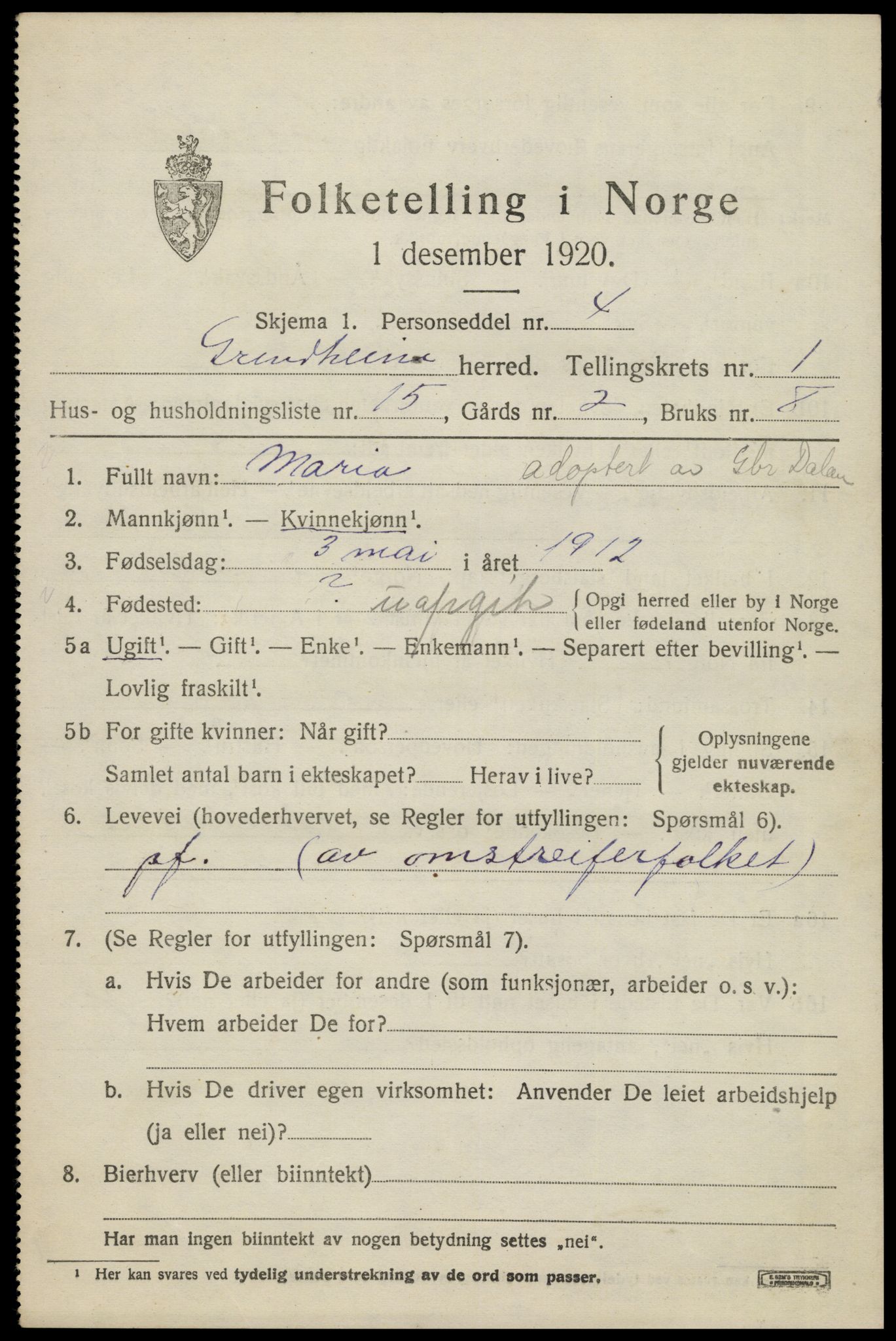 SAK, 1920 census for Grindheim, 1920, p. 555