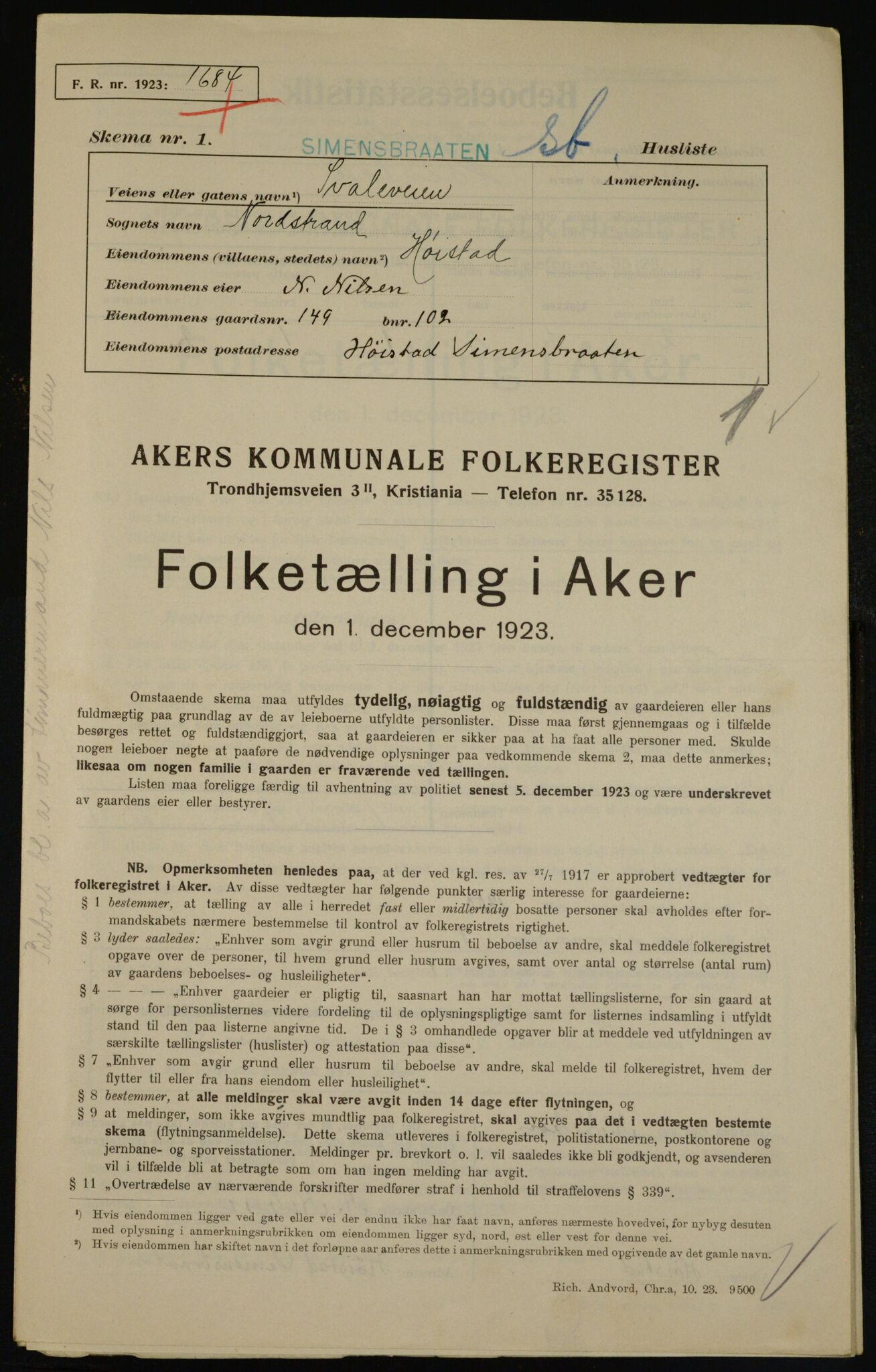 , Municipal Census 1923 for Aker, 1923, p. 46212