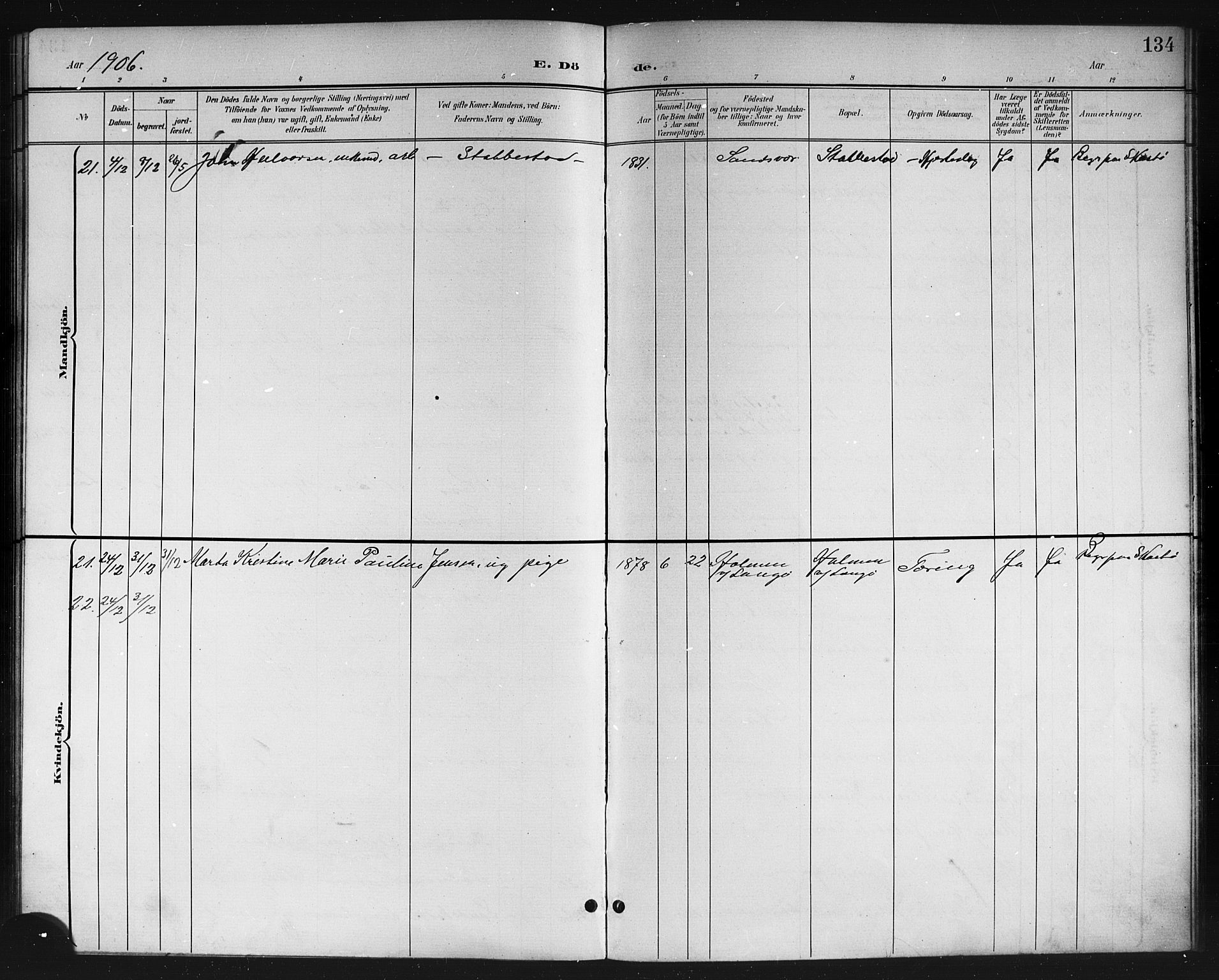 Skåtøy kirkebøker, SAKO/A-304/G/Ga/L0004: Parish register (copy) no. I 4, 1898-1916, p. 134