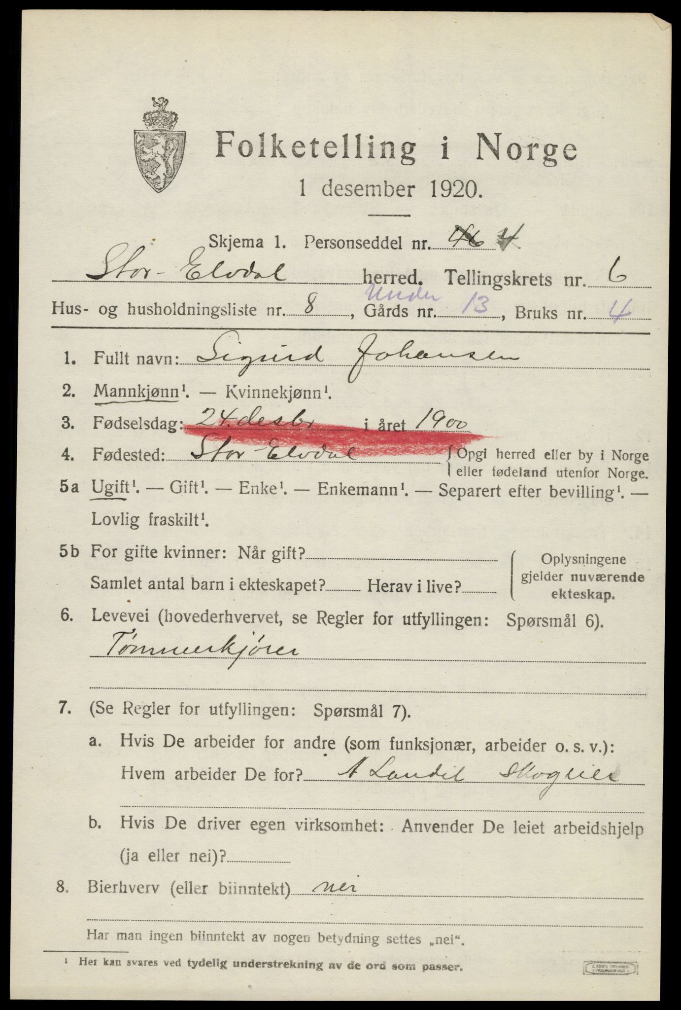 SAH, 1920 census for Stor-Elvdal, 1920, p. 5000