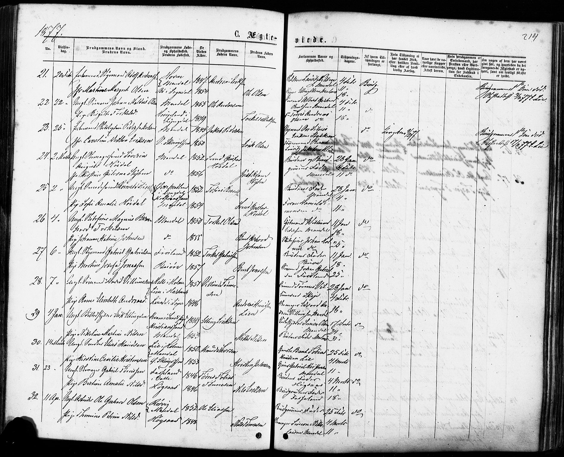 Mandal sokneprestkontor, AV/SAK-1111-0030/F/Fa/Faa/L0015: Parish register (official) no. A 15, 1873-1879, p. 214